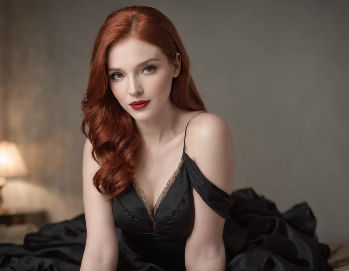 Stable Diffusion prompt: redhead in black dress, seductive gaze, long flowing red hair, black pantyhose, high heels, beautiful, young, on bed, intimate atmosphere, soft lighting, alluring pose, vibrant colors, realistic details, high resolution (4k), photorealistic style, sensuous ambiance.