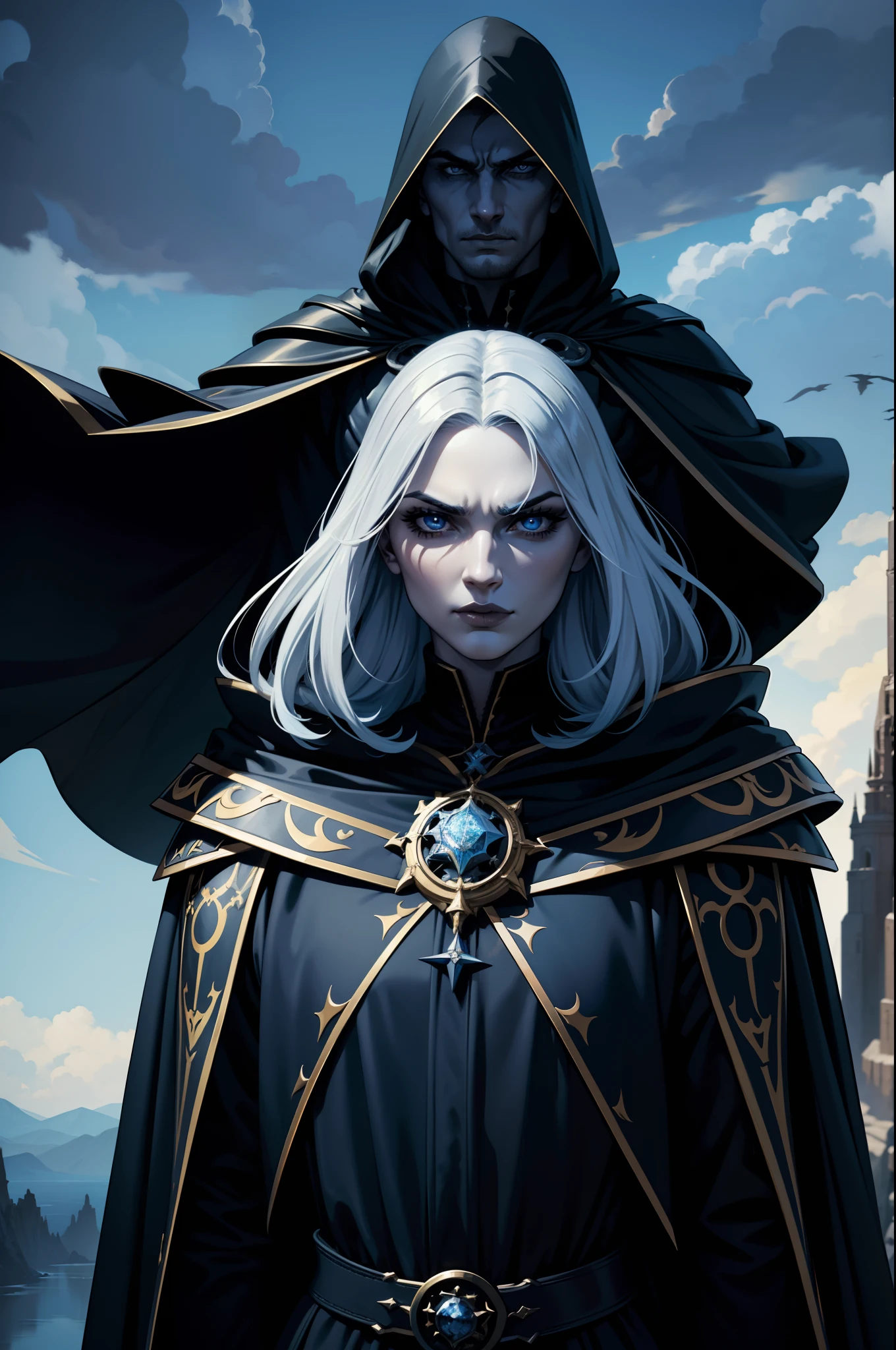 An adult mage character wearing a hooded robe and hooded Gothic armor. Authoritarian posture face with serious expression, cabelo na cor dourada liso, a remarkable beauty, Magnificent, cor azul dos olhos, Sky with magnificent clouds, arms crossed in imposing pose and on top of a tall rock, cabelo curto, Gothic black and gold armor well detailed