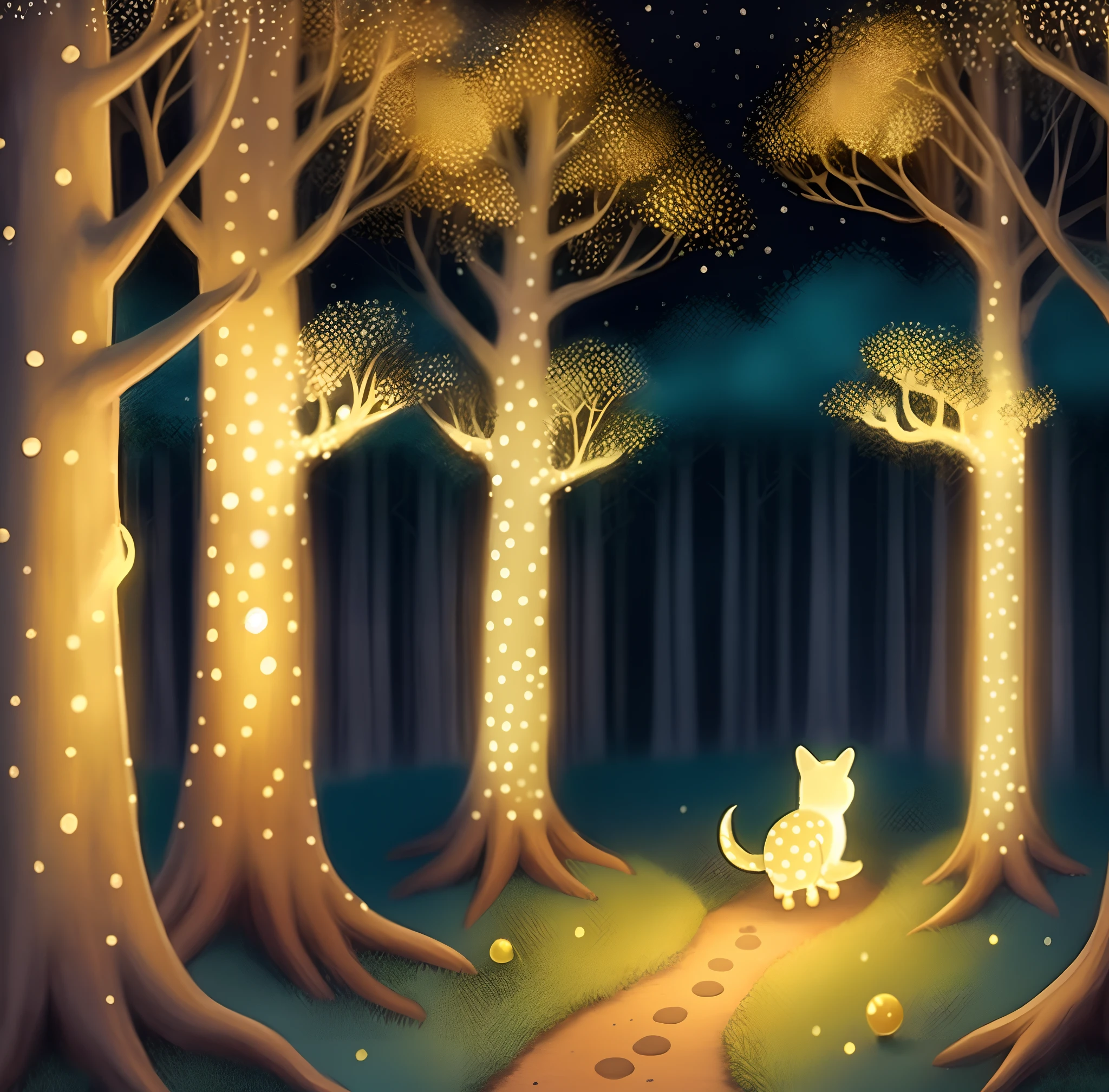 Create an enchanted forest with several bright golden polka dots scattered throughout the forest, desenho, Ilustrador Infantil, 6 anos, cor, alta qualidade, 4D