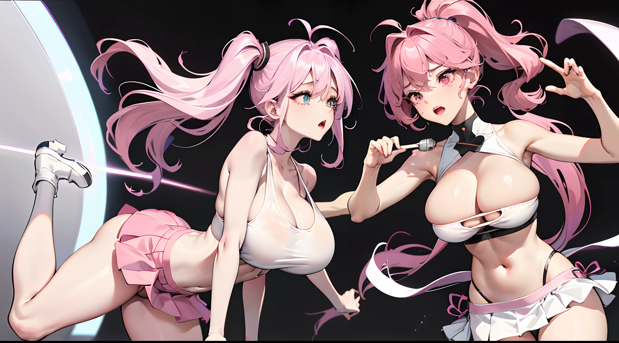 爆乳、Tank Tops、bra very、Pink and white bra、T back、Too large breasts、huge-breasted, Super boobs、teats、large areola、Breast milk out of the、Teary-eyed、M-shaped legs、Footpin、Pink hair、White hair、Twin-tailed、low angles、Mini skirt、rub one's breasts、A dark-haired、droolng
