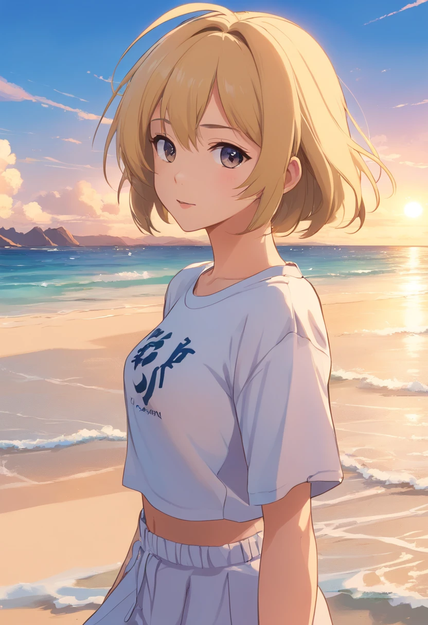 2人のGirl,10 years old,Girl,,Flat Chest,Full nudity,From the back,Highest quality、High resolution、Detailed Background、Beautiful face in every detail、Teenage Beauty、Blonde、Bobcut、Big smile、boost mood、 Summer sun、Shining Sea,Hands behind back
