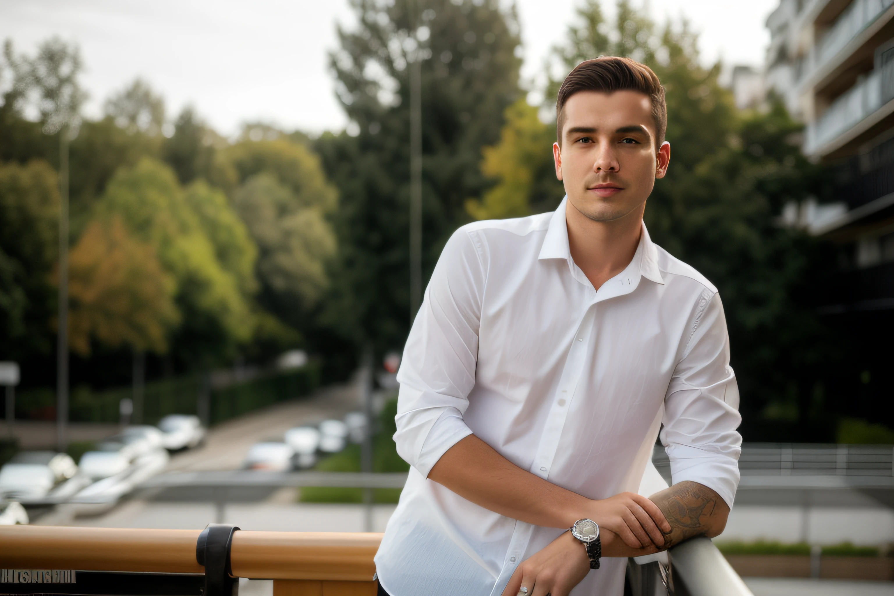 Man in black shirt standing on a balcony with a city street in the background, edin durmisevic, Condutor de Ene, Raphael Personnaz, Aykut Aydogdu, homem bonito, Kacper Niepokolczycki, Raphael Lecoste, inspired by Ivan Lacković Croata, Retrato no meio da foto