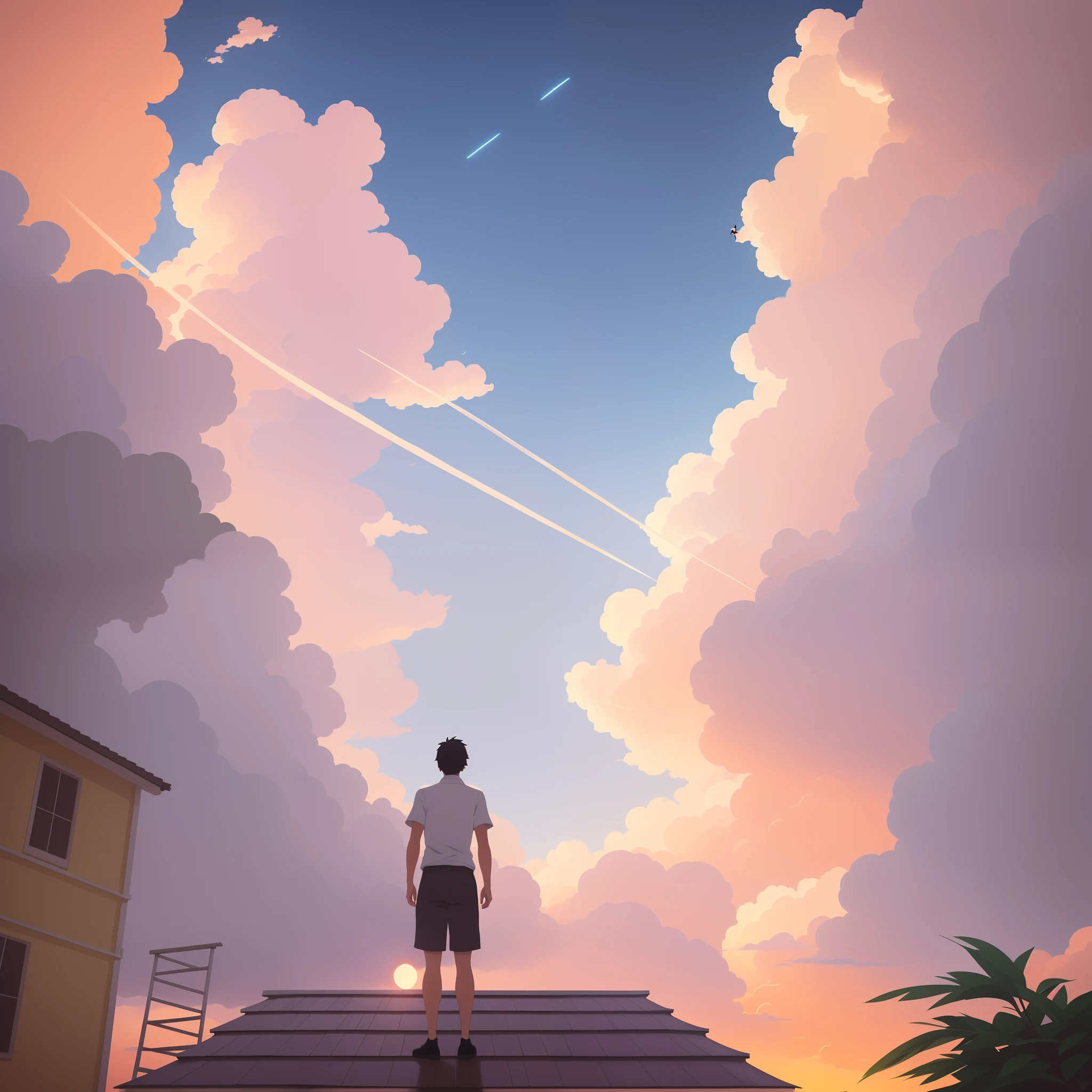There's a man standing on a roof looking at the sunrise, Makoto Shinkai Cirilo Rolando, men look up at the sky, Looking Up The Sky, Cyril Rolando e Goro Fujita, looking at the sky, Leading to the sky, Makoto Shinkai. octan render, Focus on the sky, inspirado em Cyril Rolando, standing on a cloud