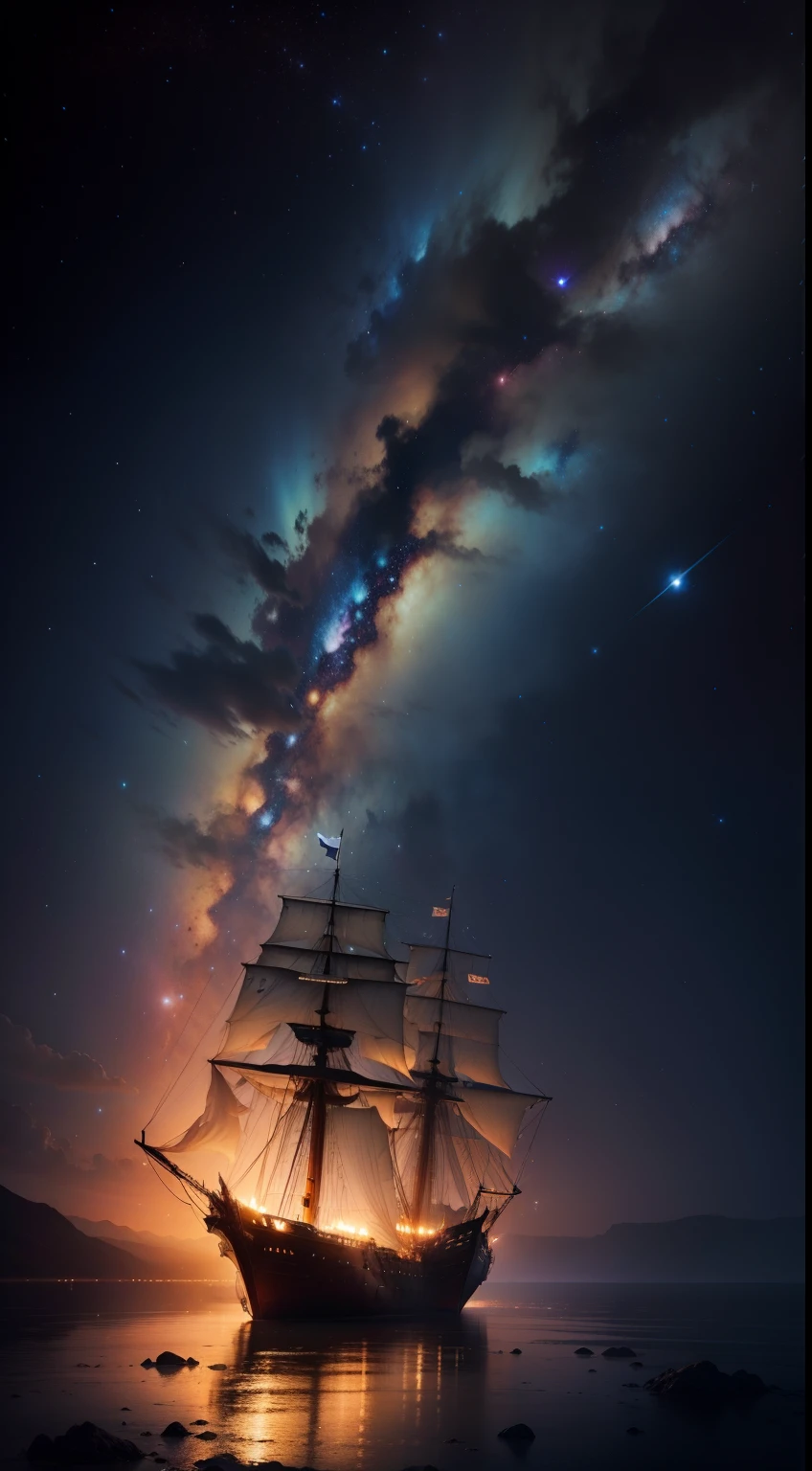 realisitic，The vast sky spreads、Stars shine all over the sky，colorful milky way, You can faintly see the light of the ancient ship below.