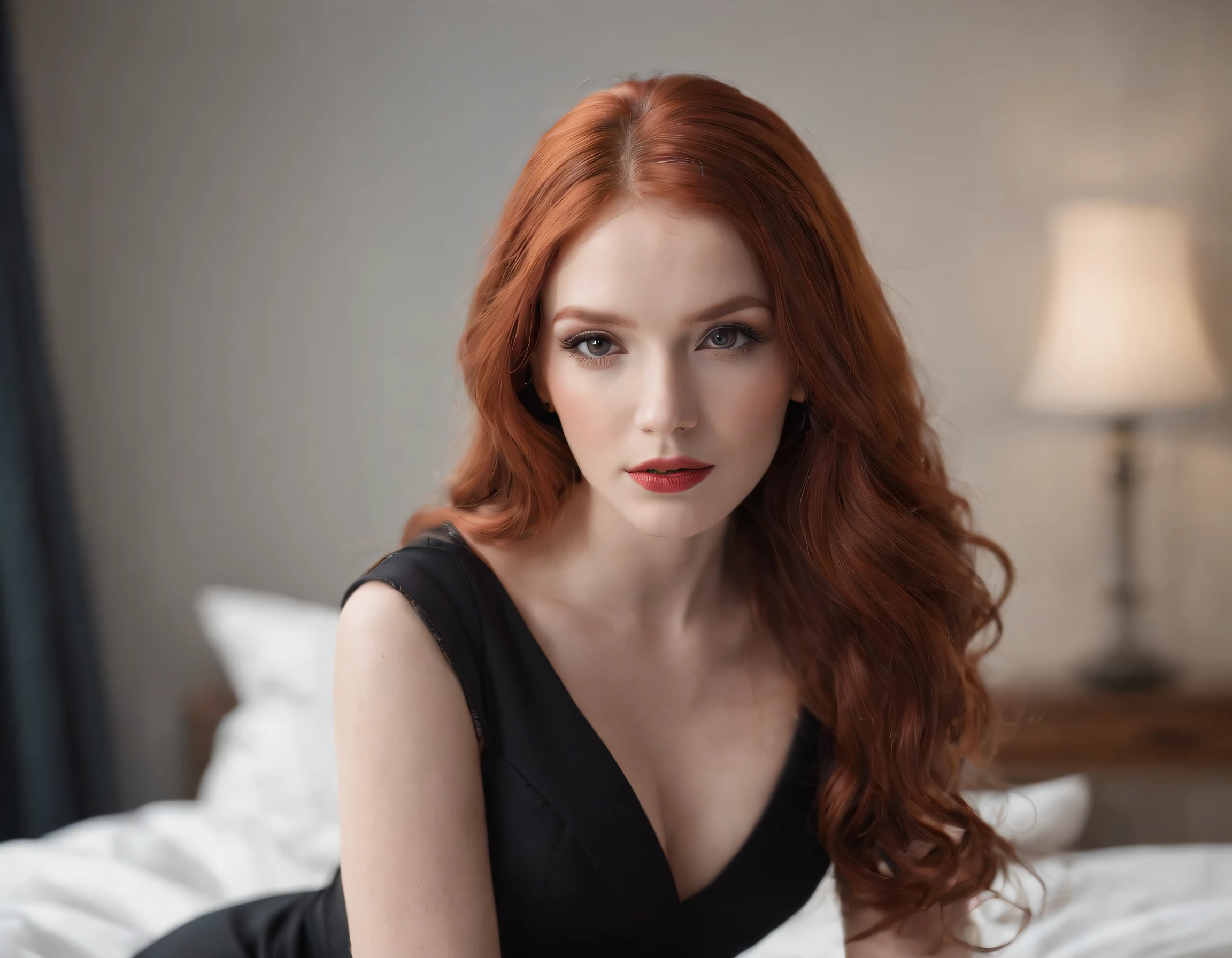 Stable Diffusion prompt: redhead in black dress, seductive gaze, long flowing red hair, black pantyhose, high heels, beautiful, young, on bed, intimate atmosphere, soft lighting, alluring pose, vibrant colors, realistic details, high resolution (4k), photorealistic style, sensuous ambiance.