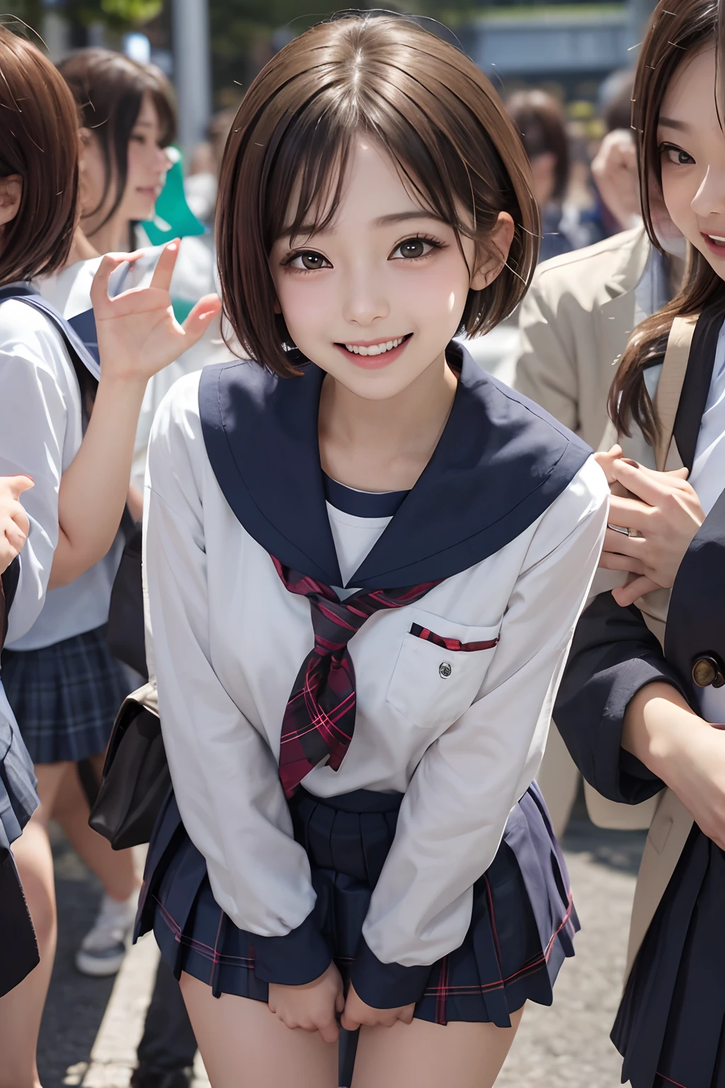 Pubic hair grows、Smile full of happiness、((Looks happy:1.3))、Pink Panties、、Panting face、Lacking、school girl outfit(Plaid miniskirt)、a sailor suit、Sweating、Expression in a state of excitement、short-hair、eye glass、