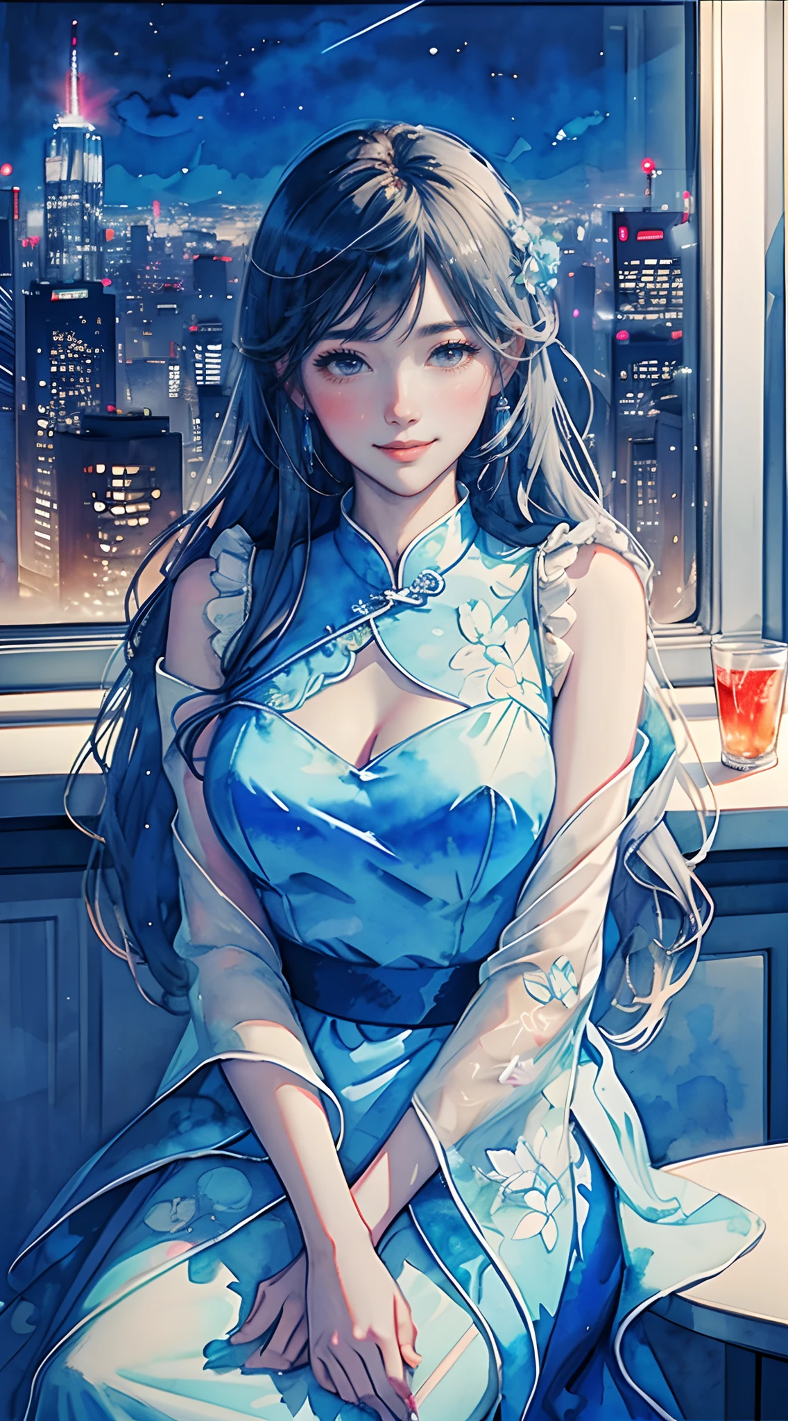 delicate illustration, of the highest quality, masutepiece, One girl in cheongsam, 30-years old,Beautiful, Smile, Perfect Lighting, nice hand, Perfect hands, (Gray eyes: 1.2), Medium chest, Sitting at the chair bar counter, Huge modern window with night city skyline on background ,watercolor paiting, watercolor sketch, Bright, Long hair, watercolor paiting \(Medium\), Sexy