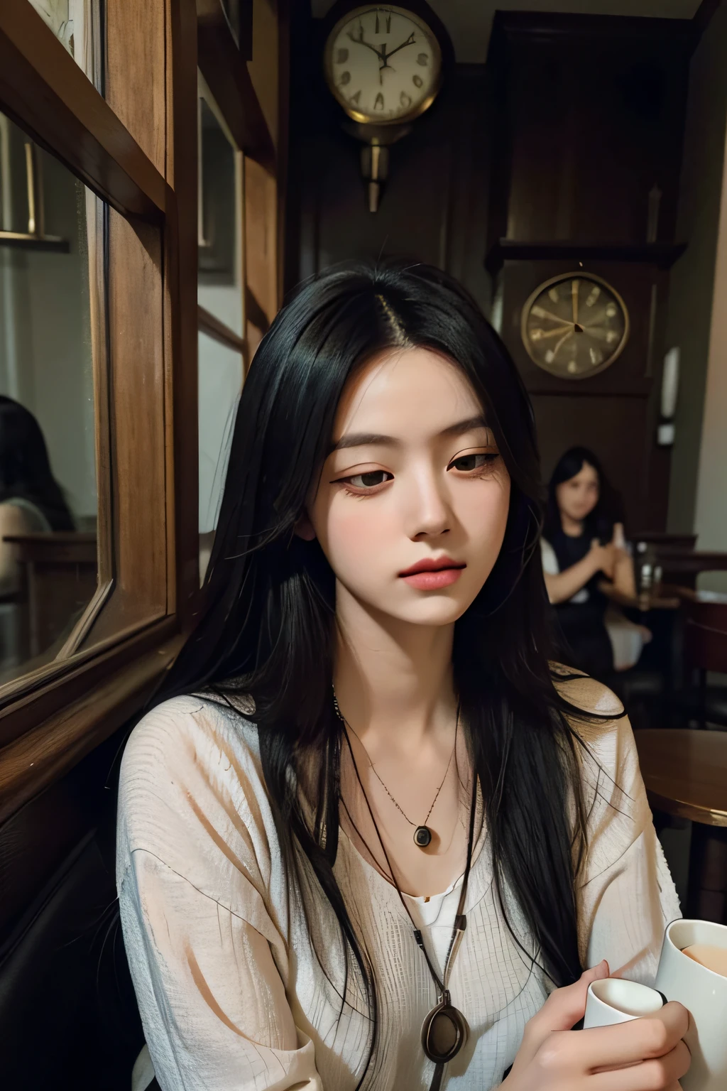 Contemplative girl in a retro coffee shop with a pendulum clock、black hair, longeyelashes, solid circle eyes, hair over shoulder, half-closed eyes, unconscious, pensive, atmospheric perspective, Northern Renaissance, reflection light, 8k, super detail, ccurate, best quality, anatomically correct, textured skin, high details