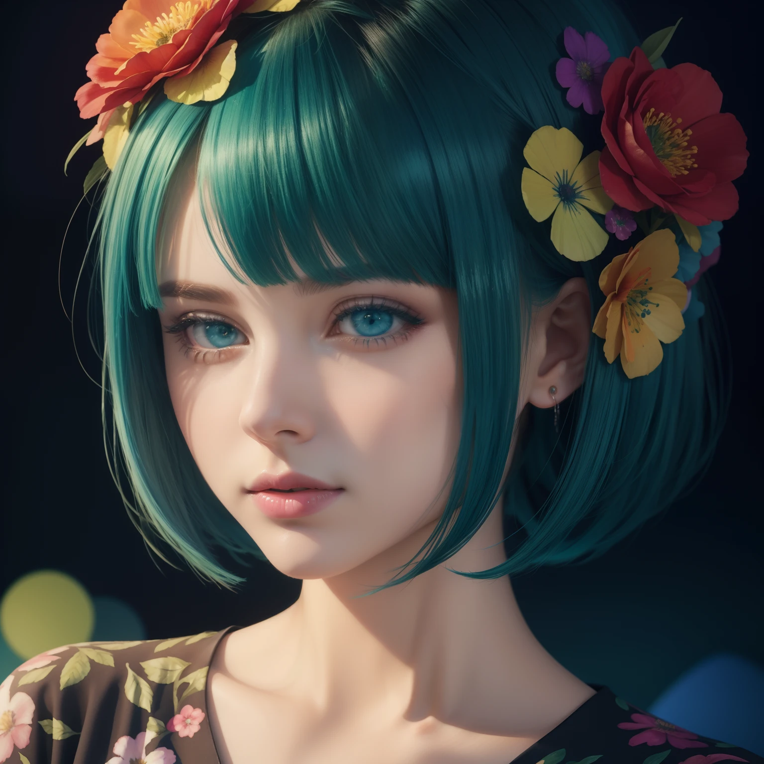 3D watercolor abstract, dark background, high resolution, high-quality, colorful, green, red, blue, illustrated, high resolution, ultra-precise, beautiful, art design, pastel colors, colorful floral decorations, girl, the beauty of colors, camera perspective, long, blue eyes, bob haircut.