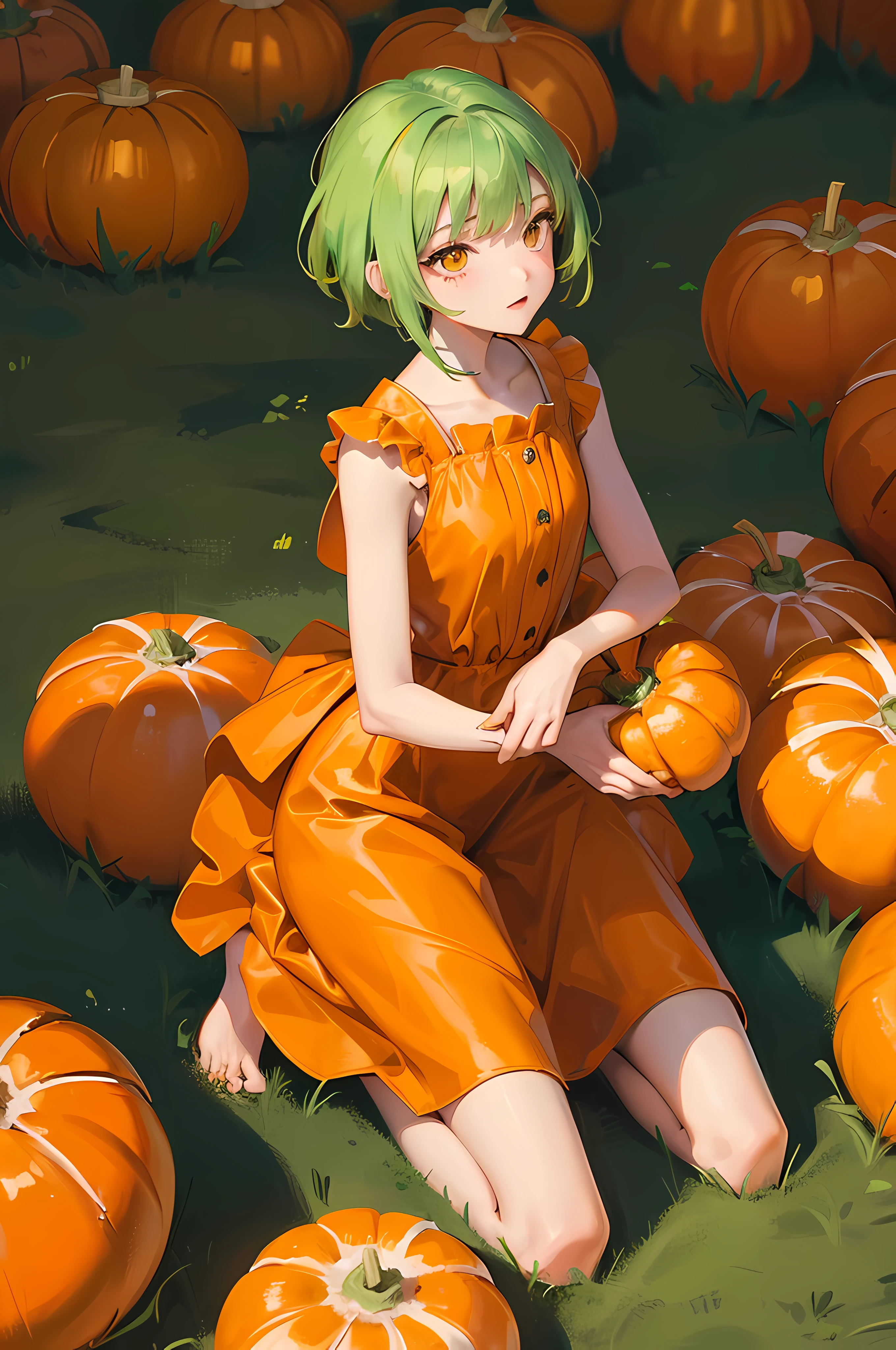 a  girl with short green hair, orange eyes, orange dress, kneeling and barefoot in a field of pumpkins; --auto