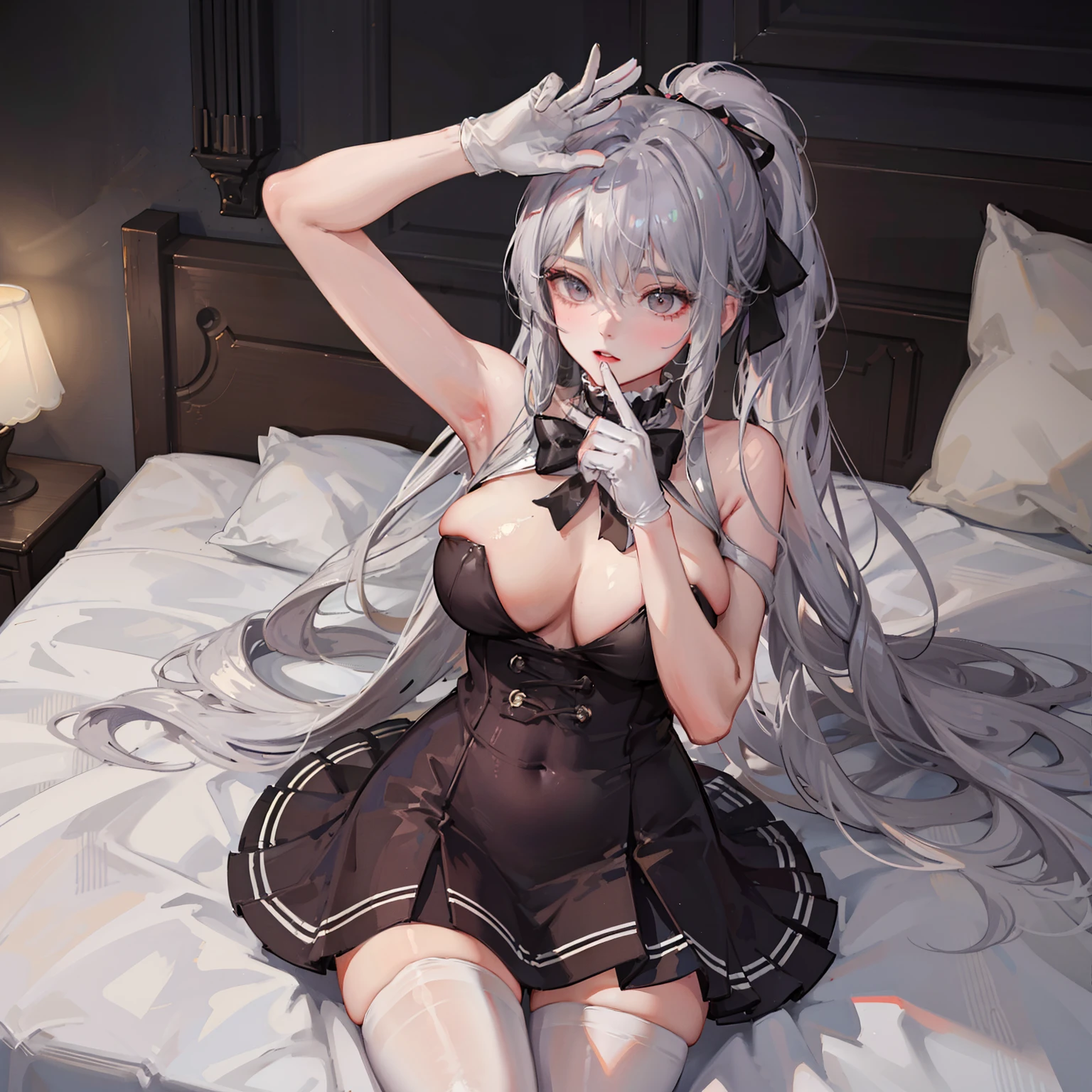 "((1 girl in)、(Long grey hair+silber hair:1.2)、(Lori+Beautiful clothes)、Perfectly beautiful、robe blanche、Goddess Pixiv、seductiv)、(Dynamic table pose)、(cute little)、(The background is unknown)、hight resolution。」「Big」(((1个Giant Breast Girl)),Ray traching,(dim murky lights),[detailedbackground(Bedrooms)),((Silvery hair)),((Silvery hair)),(((((Fluffy silver hair,plump and slender girl))Wears a high ponytail)))Avoid golden eyes in the ominous bedroom((((The girl wears a short white skirt and light-colored stockings)There are also white ruffled bow gloves),It shows a delicate and slender figure and beautiful curves,Correct limbs,Lie down in bed,4K