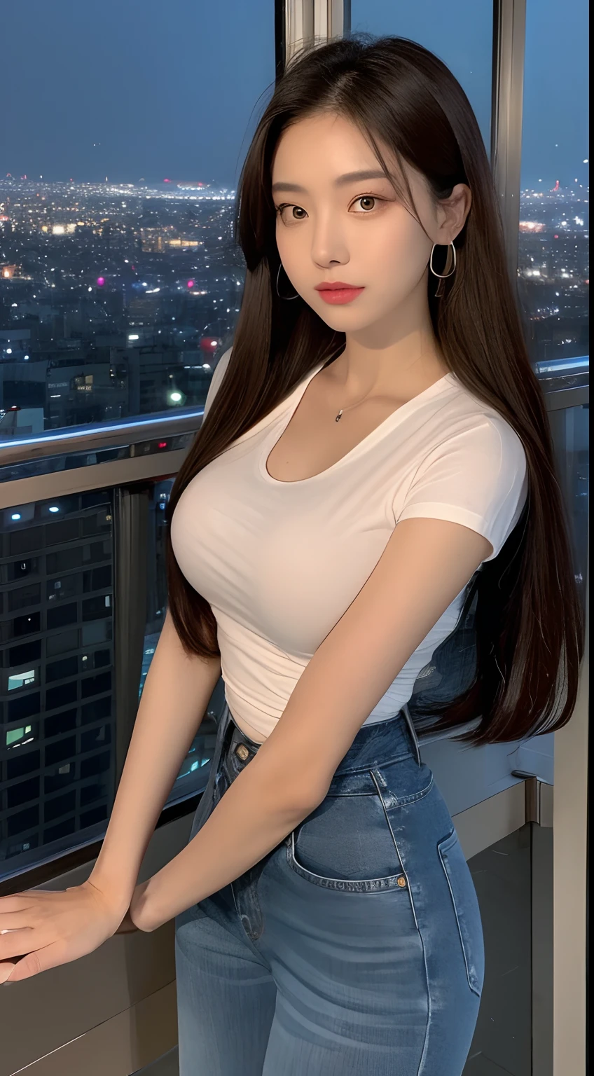 ((midnight, highest quality, 8K, masterpiece :1.3)), whole body, long legs, sharp focus :1.2, beautiful woman with perfect figure :1.4, thin abs :1.1, ((dark brown hair,huge breasts :1.2)), (white tight t-shirt, bib jeans, Are standing:1.2), ((night city view, rooftop:1.3)), Highly detailed face and skin texture, fine eyes, double eyelid
