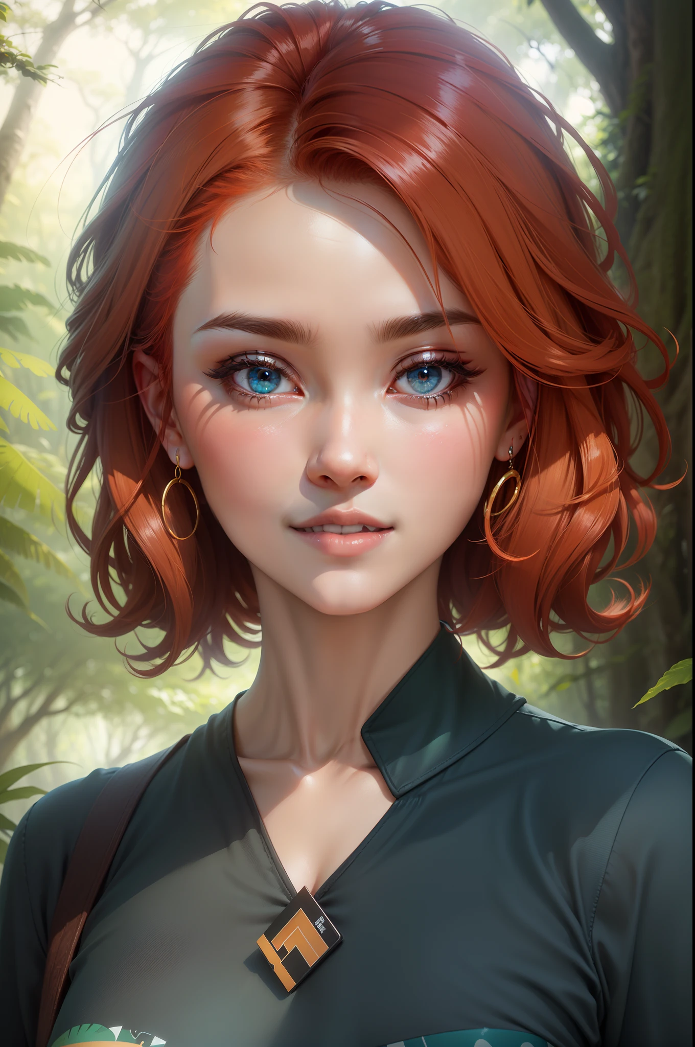 A close-up of a beautiful, STUNNING red haired Asian woman with cascading blonde highlights, sticker pastel in a lush forest glade, her blue eyes sparkling with joy at the beach