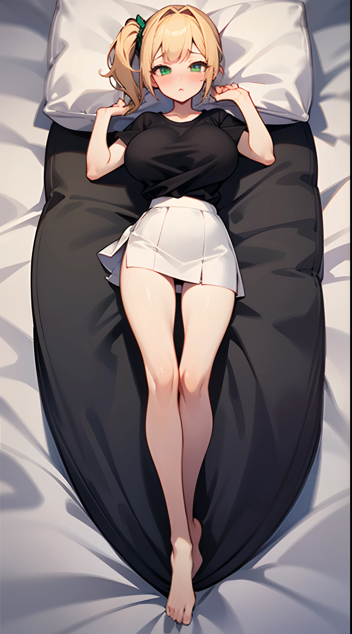 1 girl, game CG, plain black tee shirt, white short skirt, gigantic breasts, blonde hair, middle hair, side ponytail, green eyes, POV, blush, hands up, dakimakura, full body,