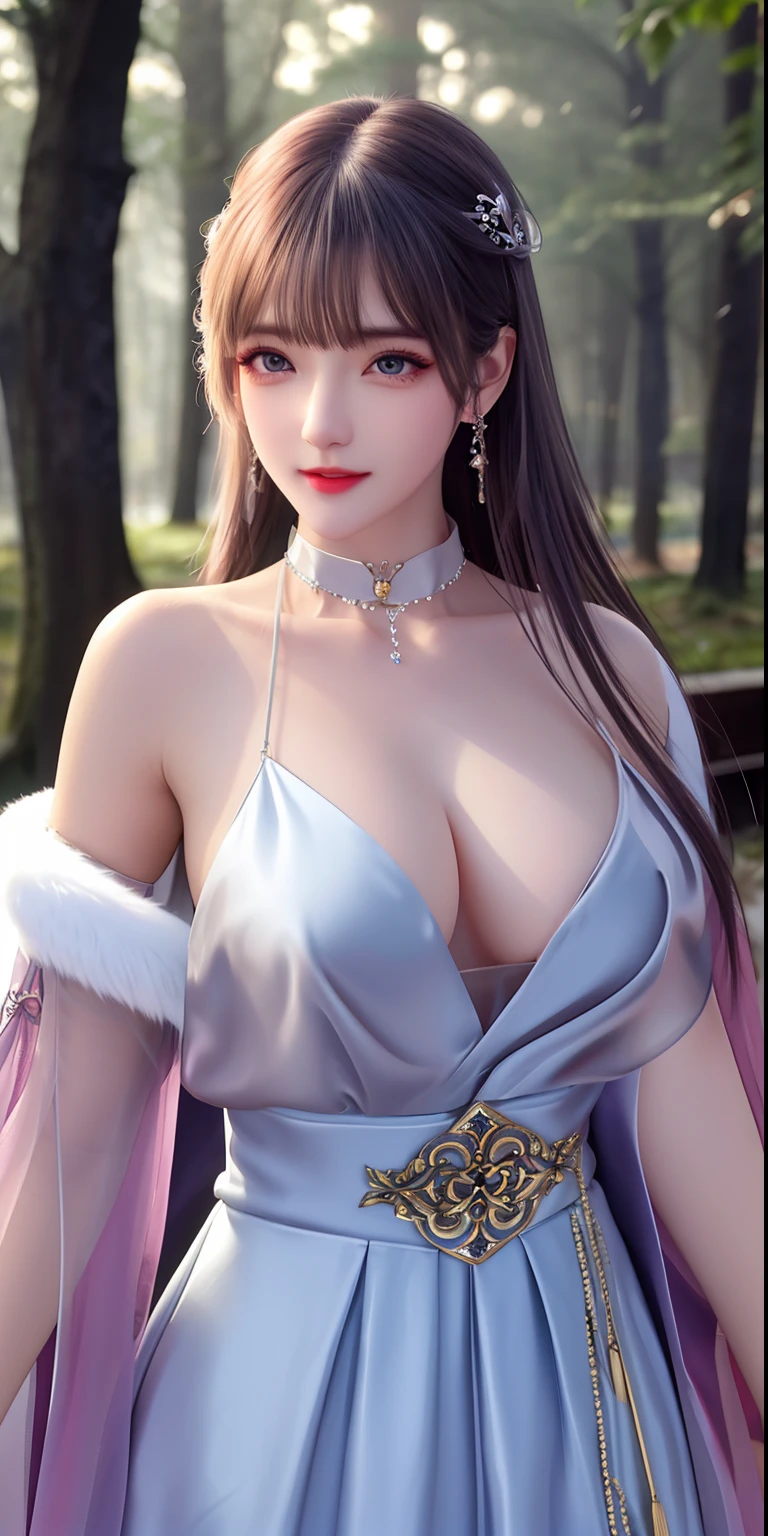 best qualityer，8K， tmasterpiece， A high resolution， 1girll， Clear silk porcelain dress， Fur coat， hair adornments， ssmile， Keep one's mouth shut， cparted lips，Large breasts，Shoulder， shift dresses， hair adornments， choker necklace， jewely， Chinese outfit， long whitr hair， 耳Nipple Ring， Detailed beautiful eyes， detailed eyelashes， beautiful  face，after sexing_Body， Tyndall effect，realisticlying， edge lit， twotonelighting，（highdetailskin：1.2）， 8K, Ultra HD， digital SLR camera， gentle illumination， high high quality， Volumetriclighting， Frankness， photore， A high resolution， Bokeh， at a forest， Falling snow， Winters， in the afternoon
