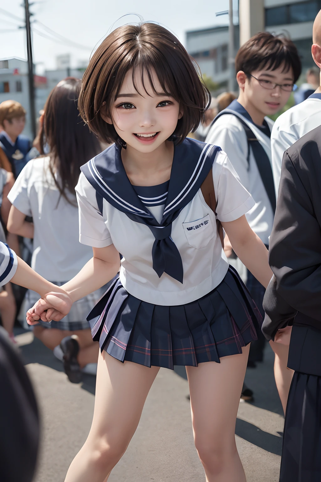 Pubic hair grows、Smile full of happiness、、、、Panting face、Lacking、After being attacked、school girl outfit(Plaid miniskirt)、a sailor suit、Sweating、Expression in a state of excitement、short-hair、eye glass、((are grabbed from behind:1.1))