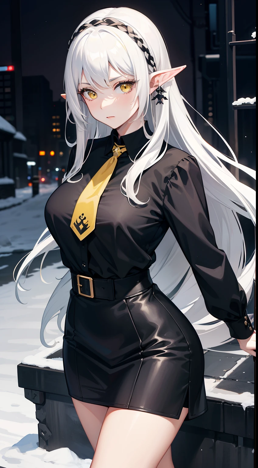 Photorealistic, high resolution, 1 Women, Solo, Hips up,ta costume, Beautiful eyes, White hair, ringed eyes, Collared shirt,black necktie,Black skirt, pencil skirts,