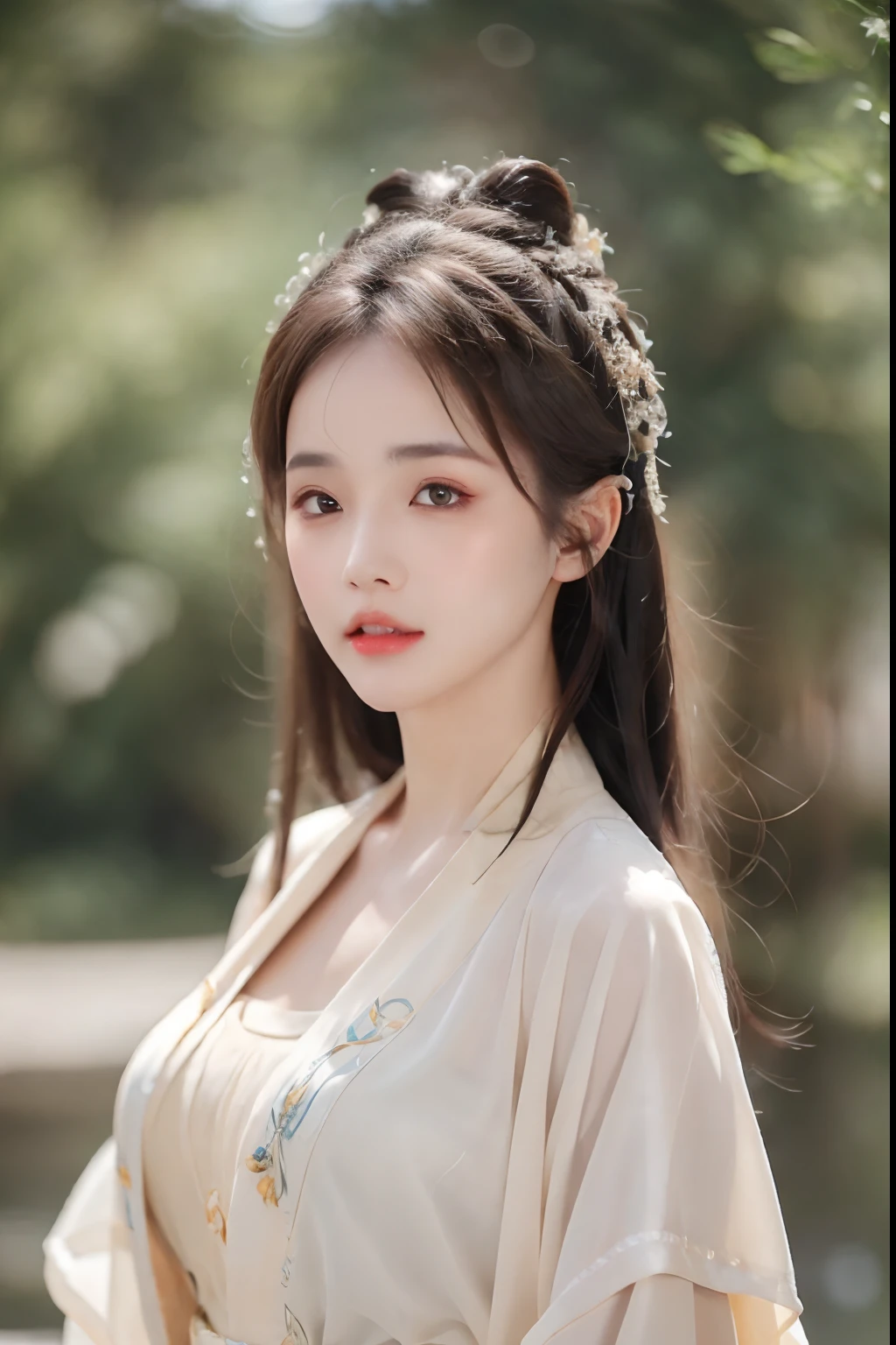 ((Best Quality, 8k, Masterpiece: 1.3)), Focus: 1.2, Perfect Body Beauty: 1.4, Buttocks: 1.2, ((Layered Haircut)), (Wet Clothes: 1.1), (Rain, Street:1.3), (Breasts: 1.2), (Hanfu: 1.2), Bare Shoulders, Bare Legs, Highly Detailed Face and Skin Texture, Fine Eyes, Double Eyelids, Whitened Skin, Long Hair, (Shut Up: 1.5), (Bokeh Background: 1.5), Big Breasts