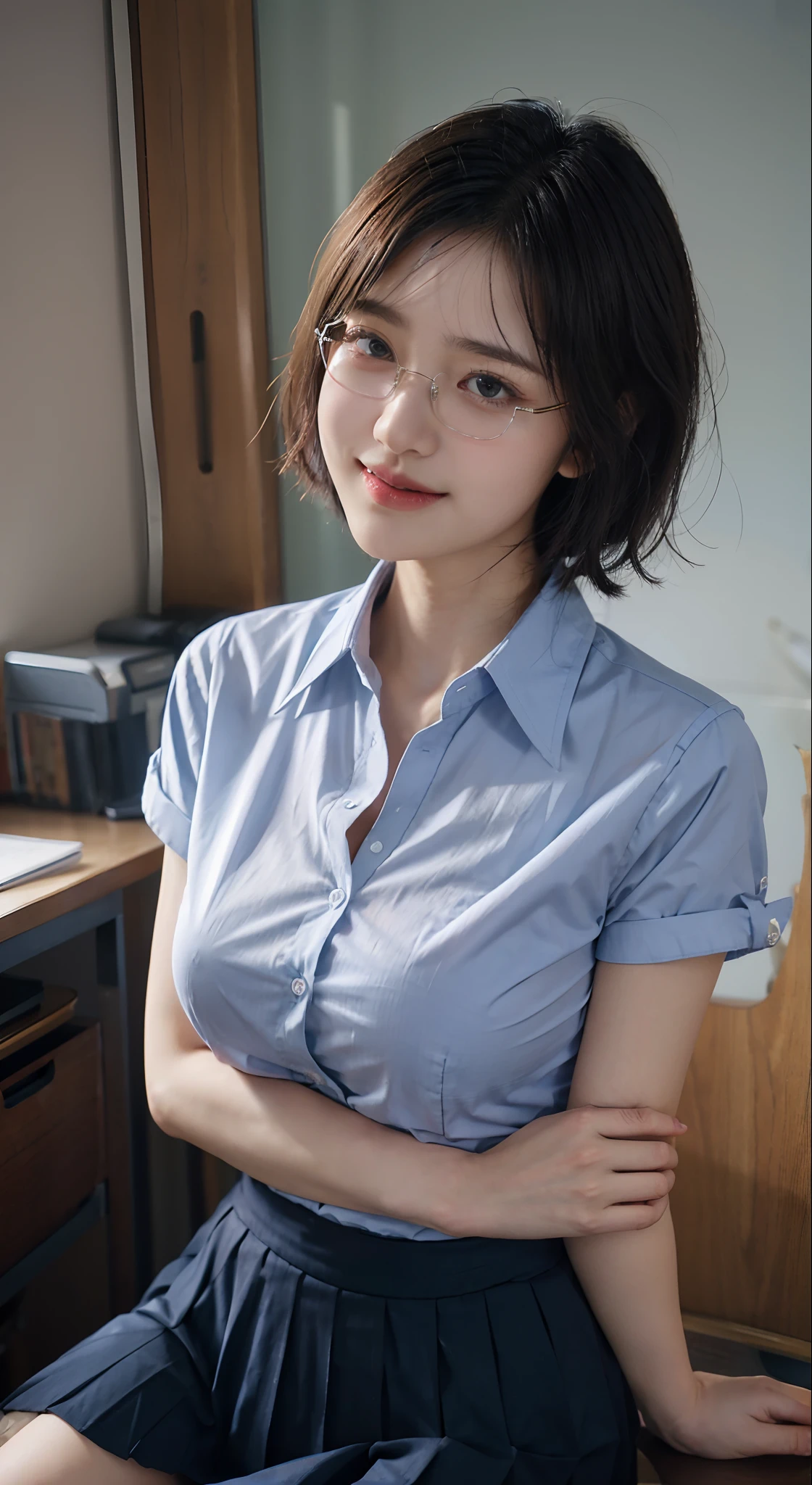 Button shirt with collar、student clothes、neck tie、large breast bulge、Shorthair、Navy blue pleated skirt