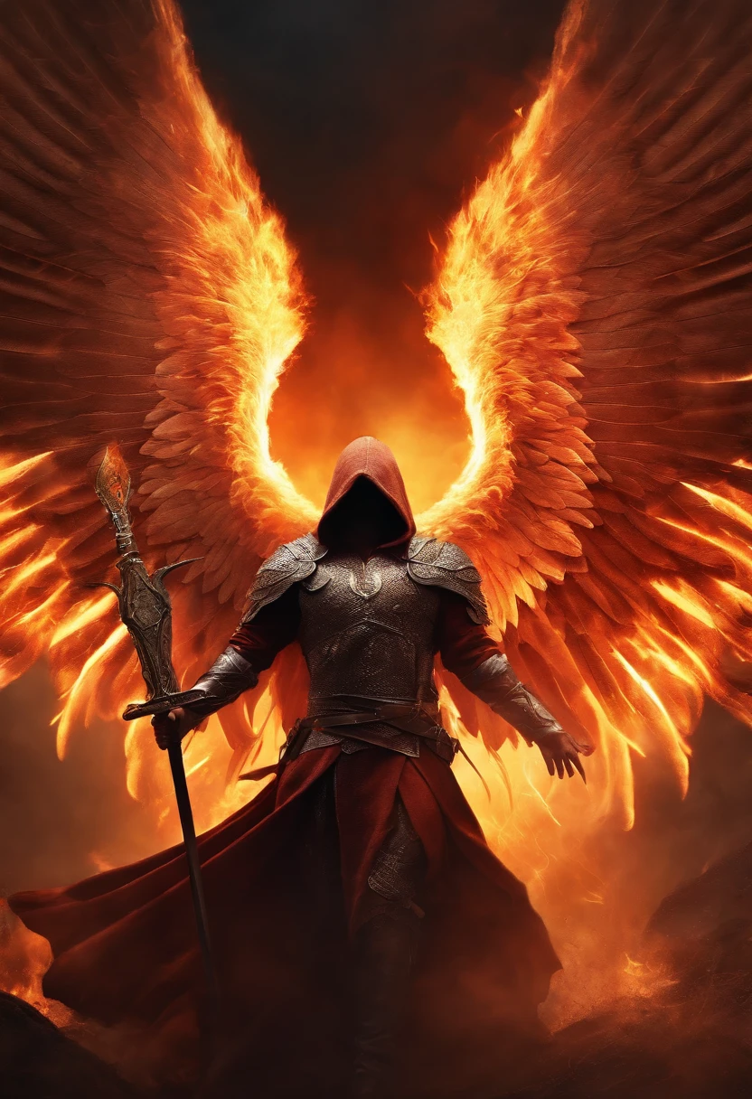 Realistic,  Angel with big wings, The sword, Wearing flames,Hood on head in war background image (the chaos), full body, flare behind,