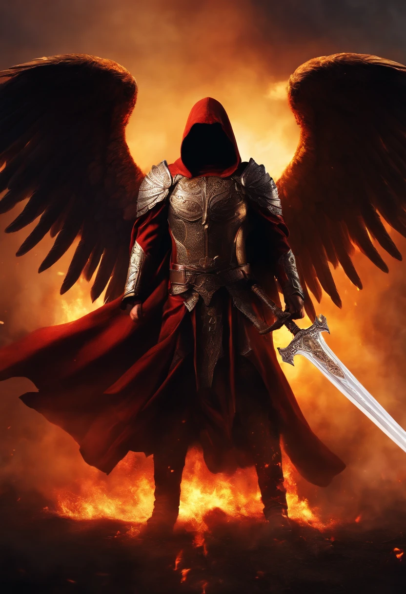 Realistic, Angel with big wings, The sword, Wearing flames,Hood on head in war background image (the chaos), full body, flare behind,