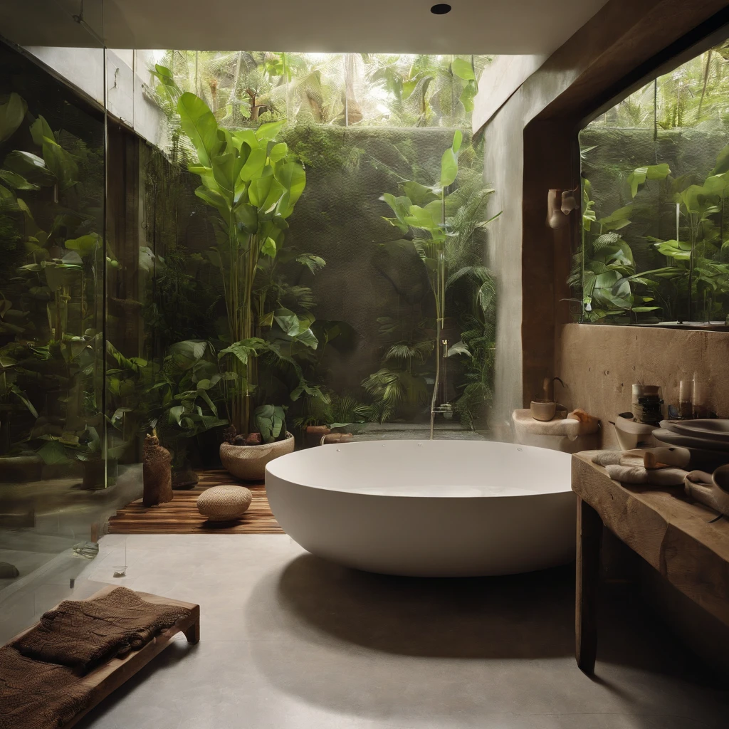 a jungle bathroom designed with eco-consciousness in mind. The fixtures are water-efficient, and the materials are sustainably sourced. As you step into the spacious shower area, you're greeted by the sight of tropical plants and the scent of fresh jungle air. This bathroom not only offers modern comforts but also fosters a deep appreciation for the beauty and biodiversity of the jungle.
