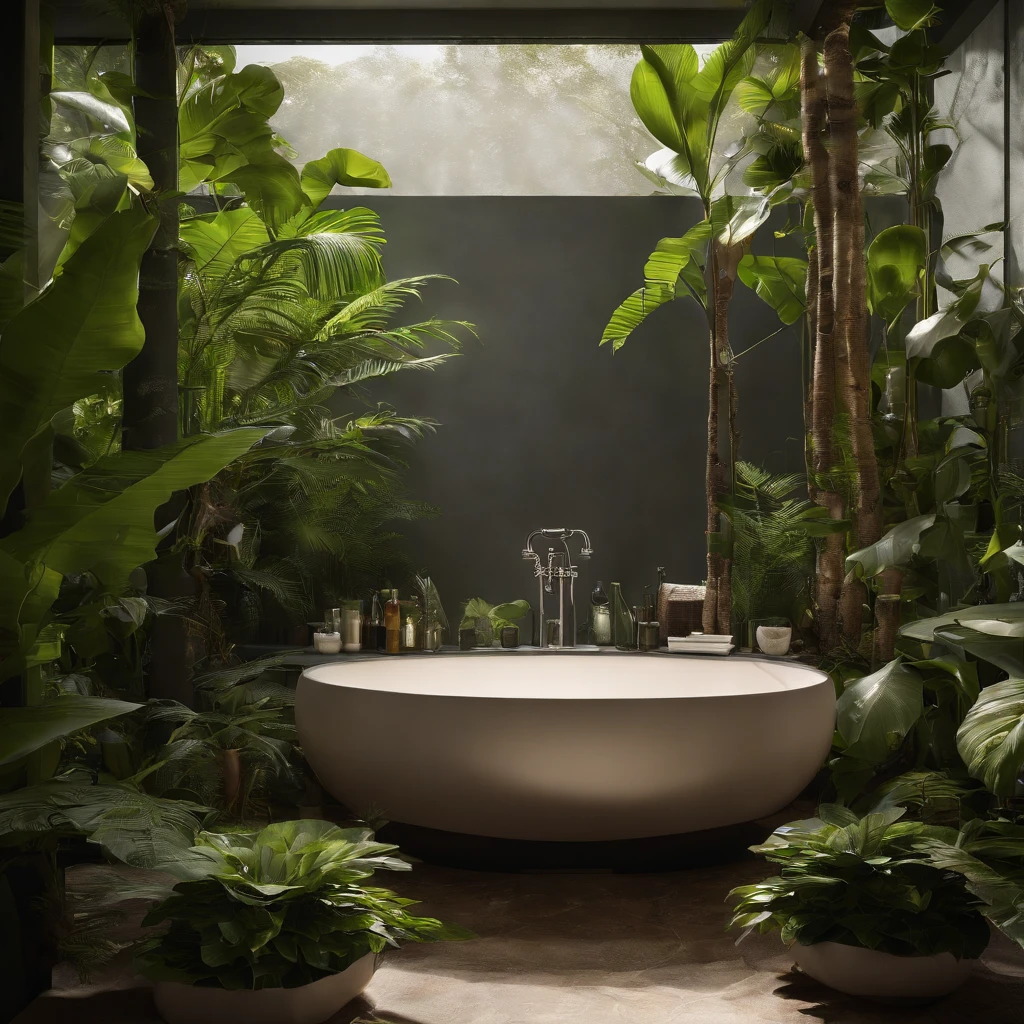 a jungle bathroom designed with eco-consciousness in mind. The fixtures are water-efficient, and the materials are sustainably sourced. As you step into the spacious shower area, you're greeted by the sight of tropical plants and the scent of fresh jungle air. This bathroom not only offers modern comforts but also fosters a deep appreciation for the beauty and biodiversity of the jungle.