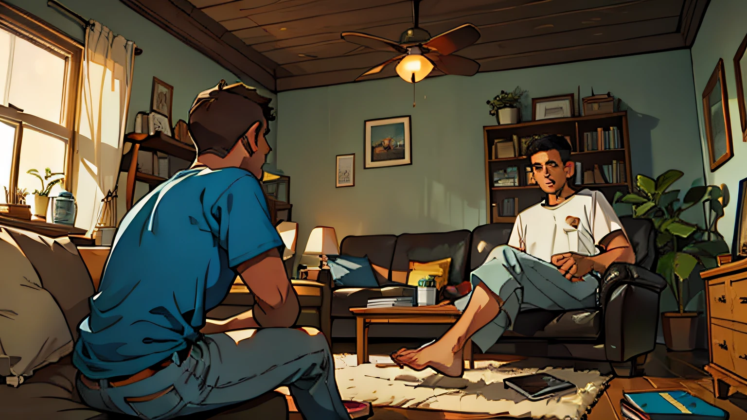 teenage boy and father, discussion in the living room, dad use white shirt, dad 45 years old