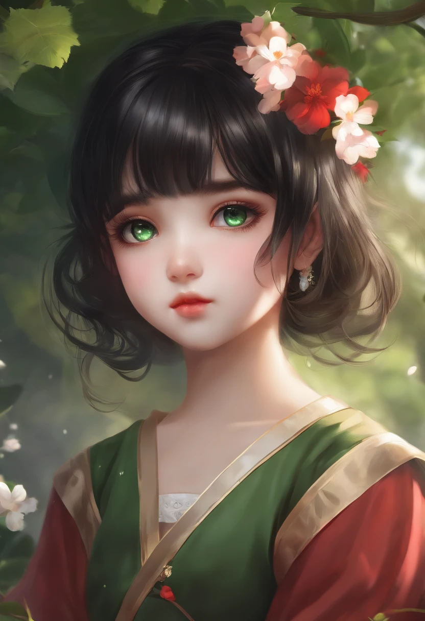 Loli girl,,green eyes, black hair, upper body,Focus on the face