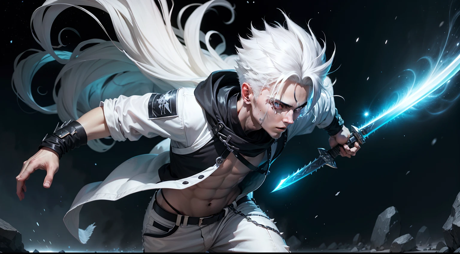 Boy with spiky white hair, running with a dark path, wearing white pants like a ninja, holding a sword from space, white eyes, galaxy