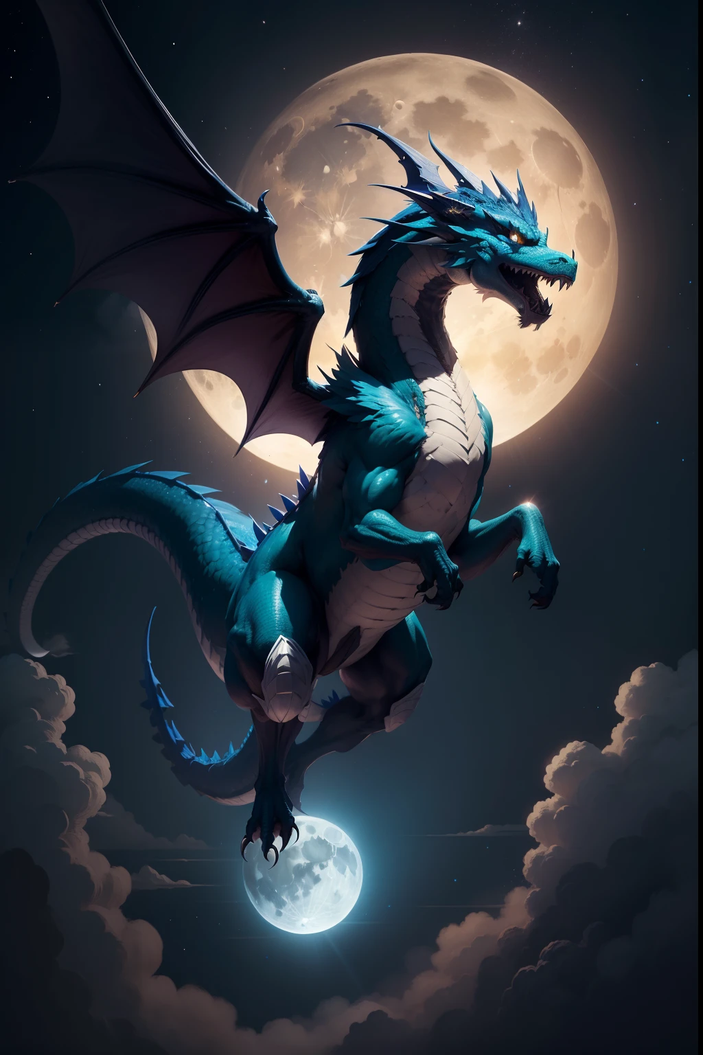 A fantastic dragon flying in the night sky。The dragon is covered in shining blue scales.、Its long body glides through the clouds as it flies.。Eyes shining like stars、A soft, glowing pale flame escapes from its mouth.。The full moon shines behind、The light makes the dragon look even more mysterious.。A detailed pattern appears on the dragon&#39;s body.、It looks as if it is inscribed with ancient magical characters.。