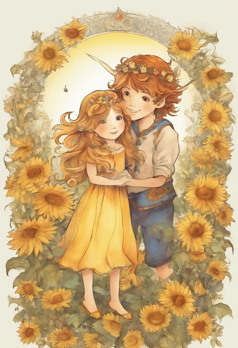 Sun flower、girl with、male child、a smile