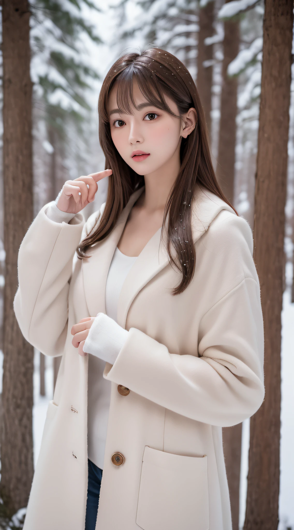 1womanl, up of face, mideum breasts, light brown hair, Blunt bangs, hair behind ear, hair over shoulder, Long hair, slender body shape, Ultra Fine Face, Thin face, Delicate lips, Beautiful eyes, thin blush, eyes are light brown,View here, Ultra-thin hands, Ultra-fine fingers, best ratio four finger and one thumb, (realisitic:1.3), White cloak coat. muffler,gloves、Coniferous forest with heavy snowfall, One-person viewpoint, Fuji Film, Very cold, 8K, masutepiece, nffsw, Super Detail, High quality, Best Quality, hight resolution,