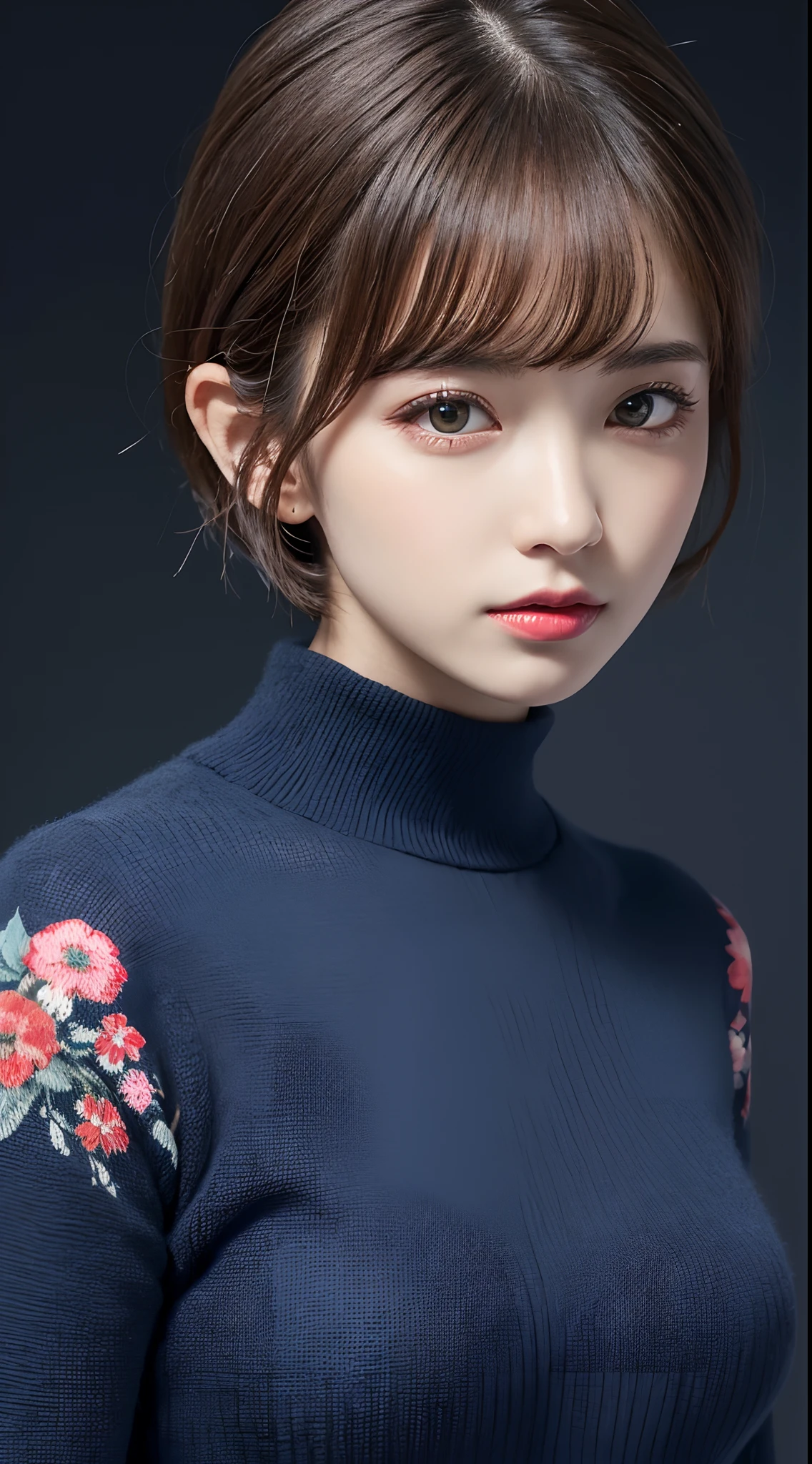 masutepiece, Best Quality, (1womanl), Ultra-detailed, finely detail, hight resolution, 8K picture quality, Perfect dynamic composition, Beautiful detailed eyes, Natural Lip, Dark blue floral knitted dress, extra very short hair, Abstract background, bashfulness