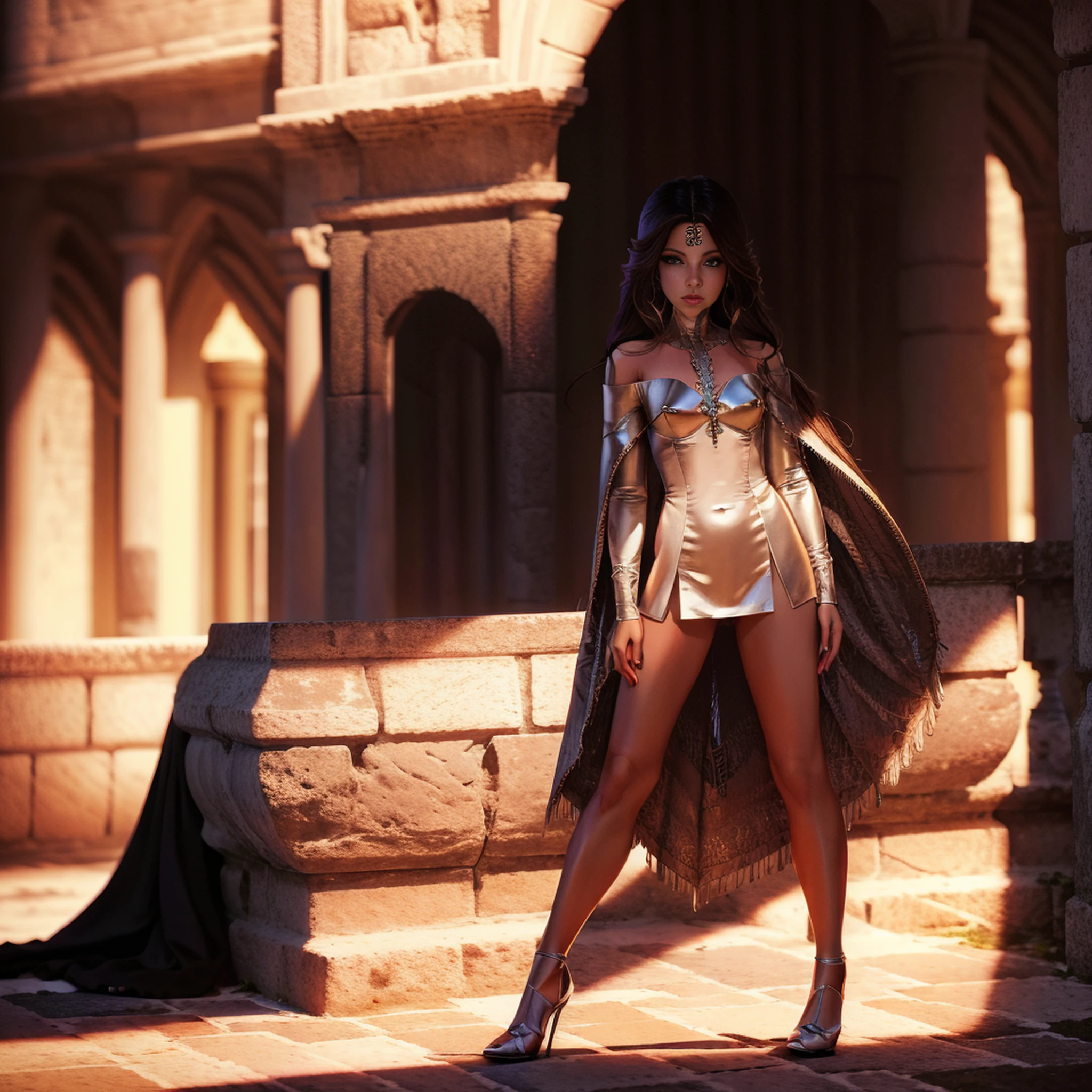 Insanely detailed photograph of a beautiful vampire alien woman, Renascimento, longos cabelos brancos, intrincados olhos brancos, genial, Ethereal, hiperdetalhado, 32k resolution, dynamic lighting, umbigo coberto, hiper detalhado, intrinsecamente detalhado, trending on ArtStation, terno de luxo branco, Volumetric lighting, BalenciagaStyle, Standing full body in front of the castle in the moonlight