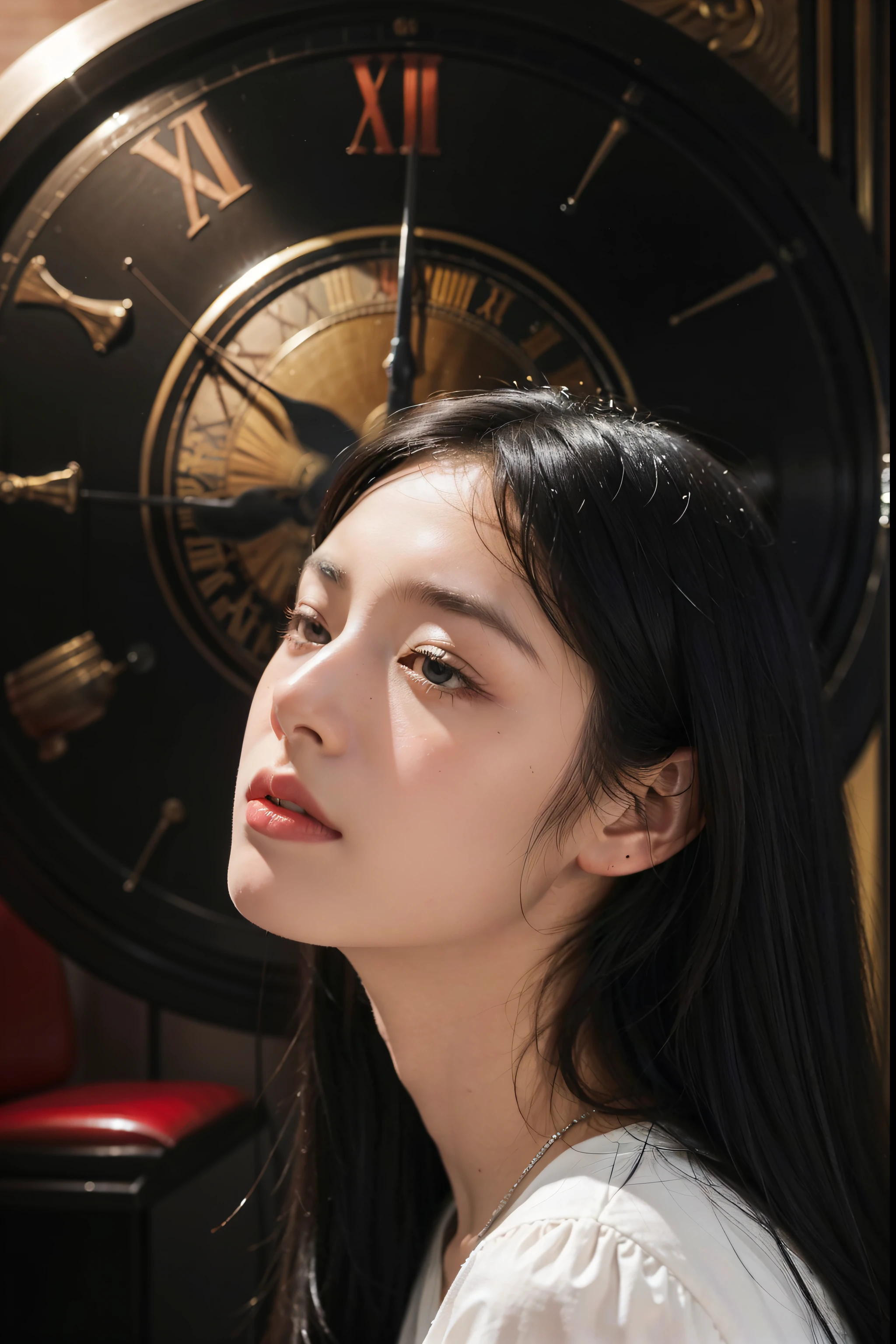 Contemplative girl in retro coffee shop with pendulum clock、Black hair, longeyelashes, Solid Circle Eyes, hair over shoulder, Half-closed eyes, Unconscious, Pensive, Atmospheric perspective, Northern Renaissance, reflective light, 8K, Super Detail, ccurate, Best Quality, Anatomically correct, Textured skin, high details