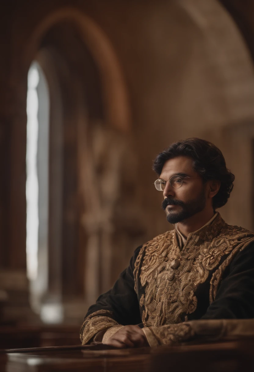 Oscar isaac,as a prince, vestindo roupas da realeza,coroa de prata com um cristal de turmalina. Olhos vidrados,uma capa real. Um manto de pelagem de lobo.