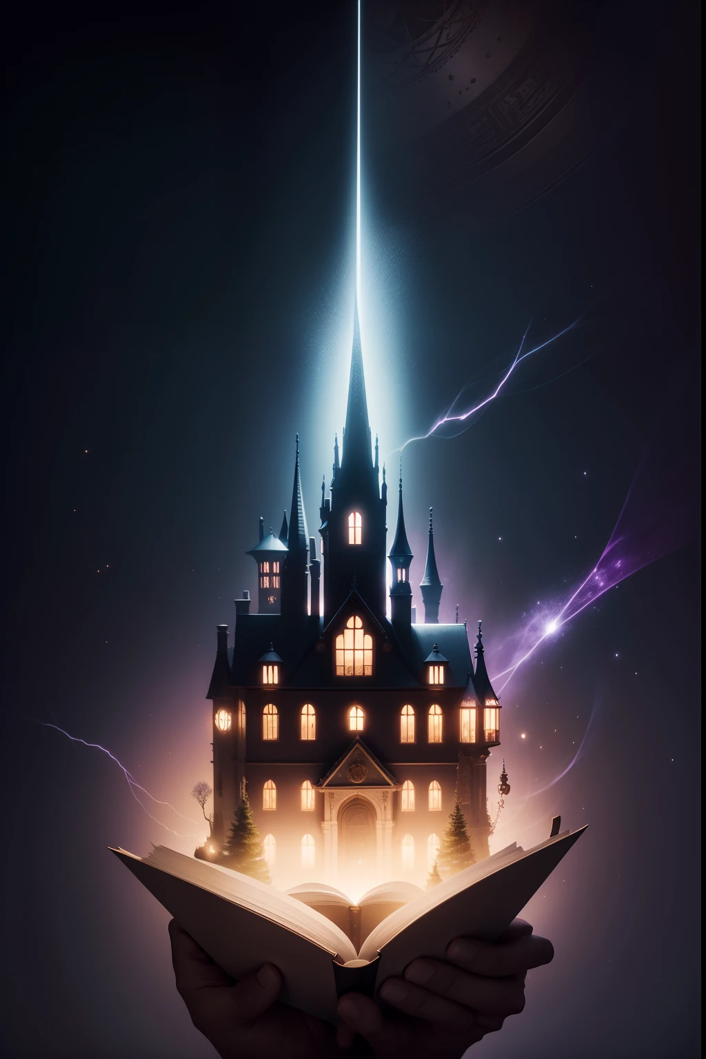 The central image of the composition features an enchanted house, parcialmente envolta em sombras, simbolizando o mundo cinza da realidade. As the gaze moves to the center of the cover, a casa se transforma gradualmente em cores vibrantes, Creating a striking visual transition.
The house is surrounded by an aura of brilliance, Standing out dazzlingly in contrast to the scenery. Magical Elements, as sparks and luminous particles, permeate the space around the house, adding a surreal atmosphere to the image.
This visual composition evokes the feeling of entering a dreamlike scenario, where magic is present in every detail. It is an image that captivates the reader's imagination and invites them to explore the enchanted world that awaits within the pages of the book.
