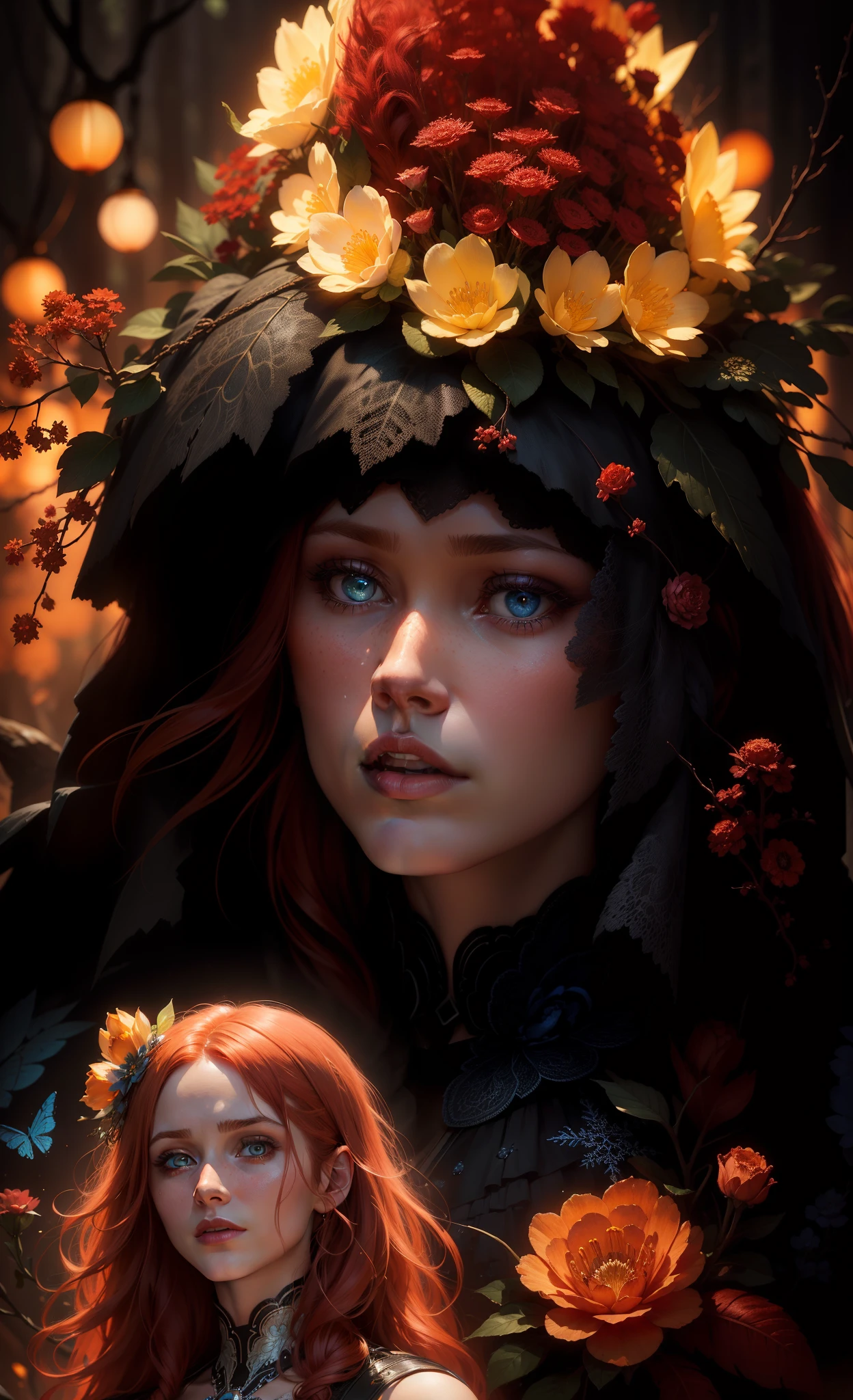 35mm, F/2.8, insanely hyper-detailed and intricate realistic, full body character with messy red hair, looks like Bryce Dallas Howard, in a dress of ice flowers luminescent circuitry patterns that glow with an eerie blue hue, a black circle crown on her head, detailed face, detailed skin, front, background frozen forest, cover, unzoom, choker, hyperdetailed painting, luminism, Bar lighting, complex, 4k resolution concept art portrait by Greg Rutkowski, Artgerm, WLOP