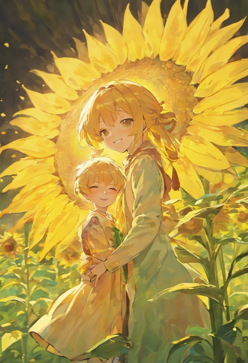 Sun flower、girl with、male child、a smile