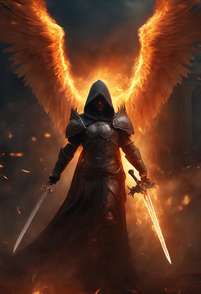 Realistic, Angel with big wings, The sword, Wearing flames,Hood on head in war background image (the chaos), full body, flare behind,