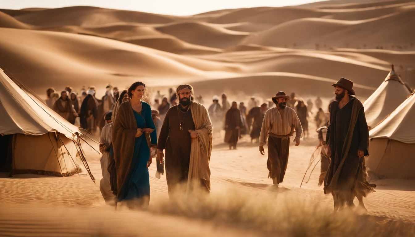 a scene in the wilderness with a group of people from the Jewish people at the time of Christ. They are camped in traditional tents and wear clothes typical of that era. The surrounding desert landscape is arid, with sand dunes and a deep blue sky. Explore os detalhes da vida cotidiana, the activities they are carrying out and the general atmosphere of the time