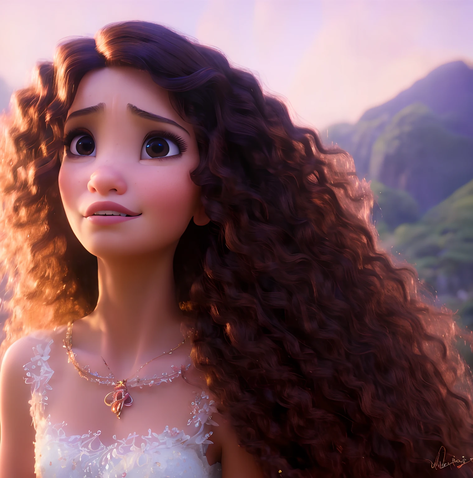 modern disney style, beautiful brunette with beautiful (curly hair), (portrait), daylight, (blurred background), WLOP, Rossdraws, ArtStation, CGSociety, concept art, cgsociety, octane render, trending on artstation, artstationHD, artstationHQ, unreal engine, 4k, 8k