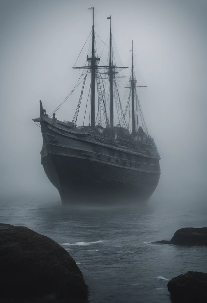 Ghost spectral ship which is made of rocks, ship sailing the sea with a pale sky behind it, a gray mist surrounds it