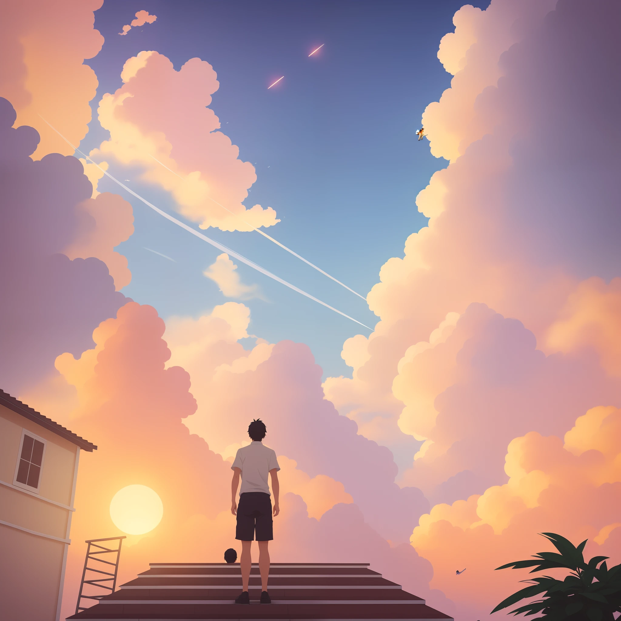 There's a man standing on a roof looking at the sunrise, Makoto Shinkai Cirilo Rolando, men look up at the sky, Looking Up The Sky, Cyril Rolando e Goro Fujita, looking at the sky, Leading to the sky, Makoto Shinkai. octan render, Focus on the sky, inspirado em Cyril Rolando, Standing on the stairs, imagem detalhada, imagem perfeita