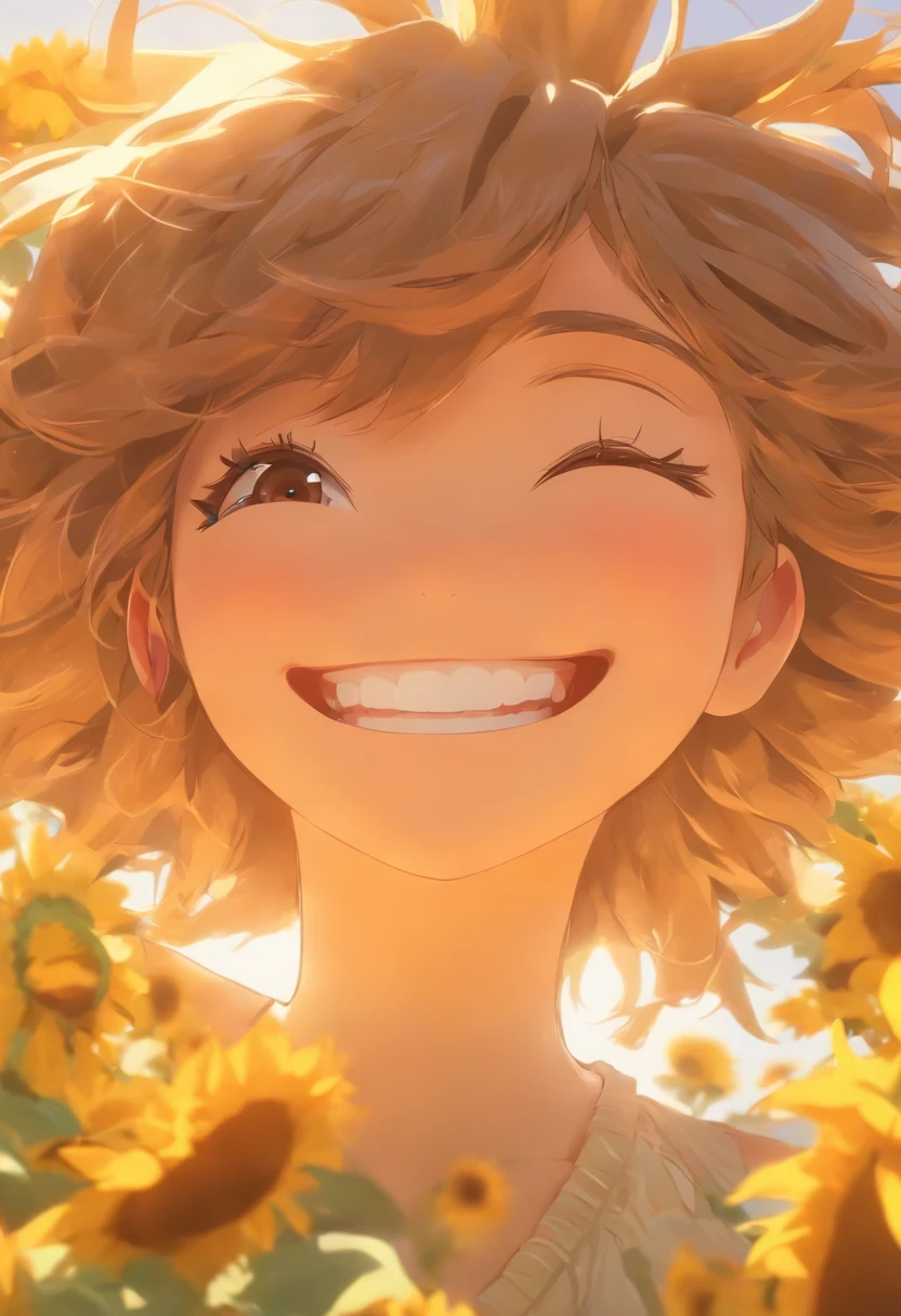 Sun flower、girl with、a smile、eye color is brown、Hair is brown hair、bob
