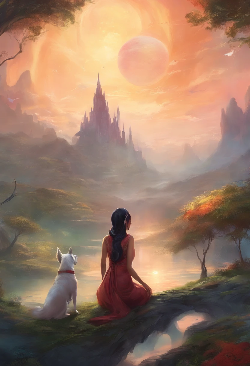Thai woman petting small dog in a dystopian world