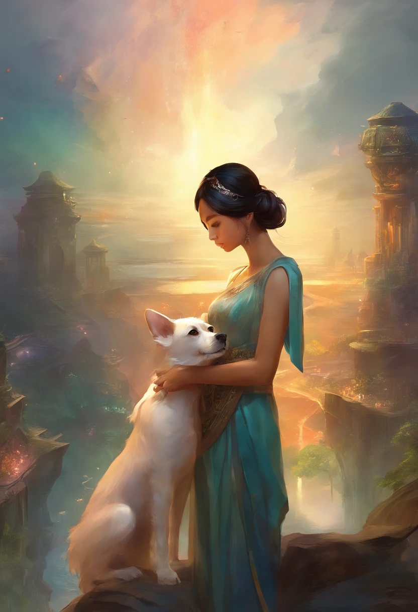 Thai woman petting small dog in a dystopian world
