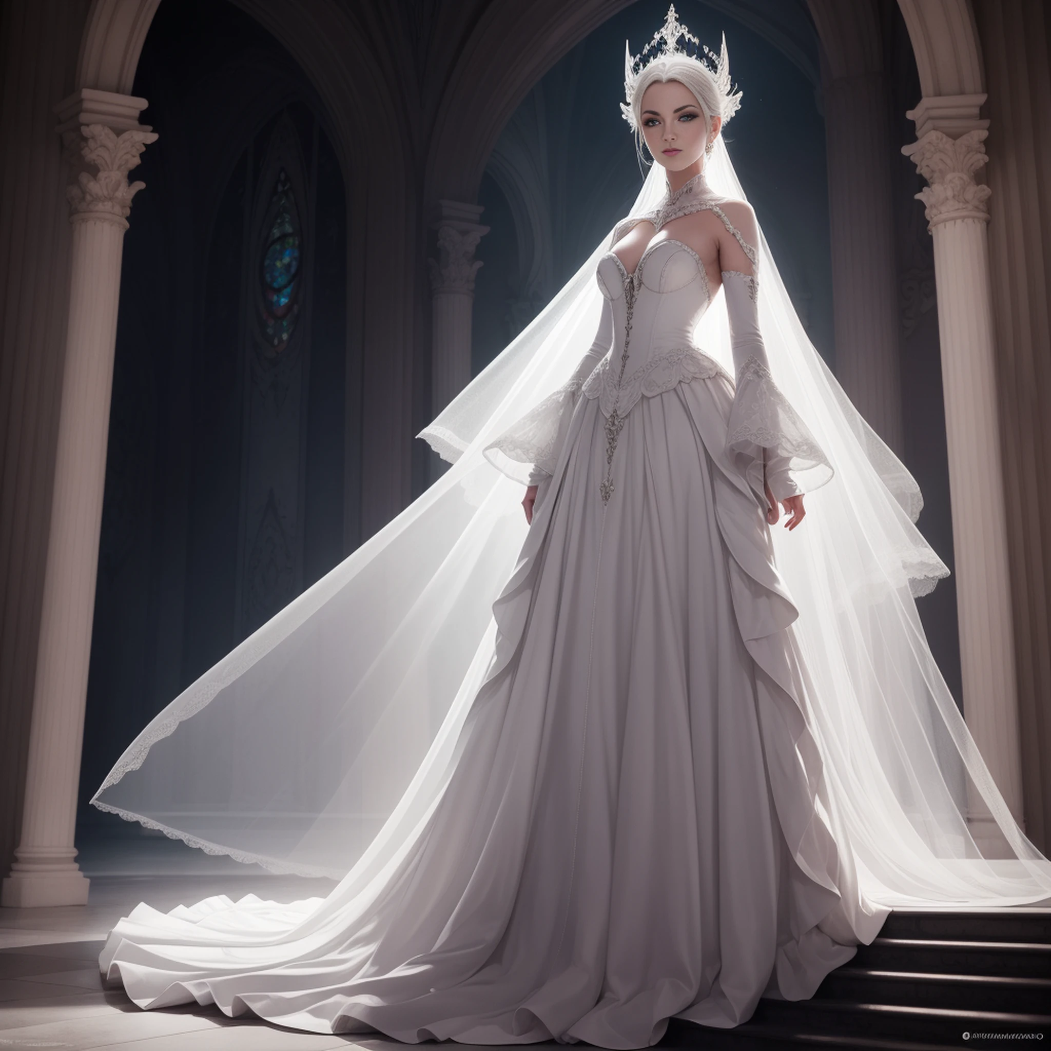 Standing alone in a grand hall is a Ice elf Female Elf with Ice white eyes, Wearing a high necked silk and organza dress entirely covering her body is a Snow Elf ambassador with white hair and feathers in her hair clear to ice white eyes pale skin Elf elven woman ambassador