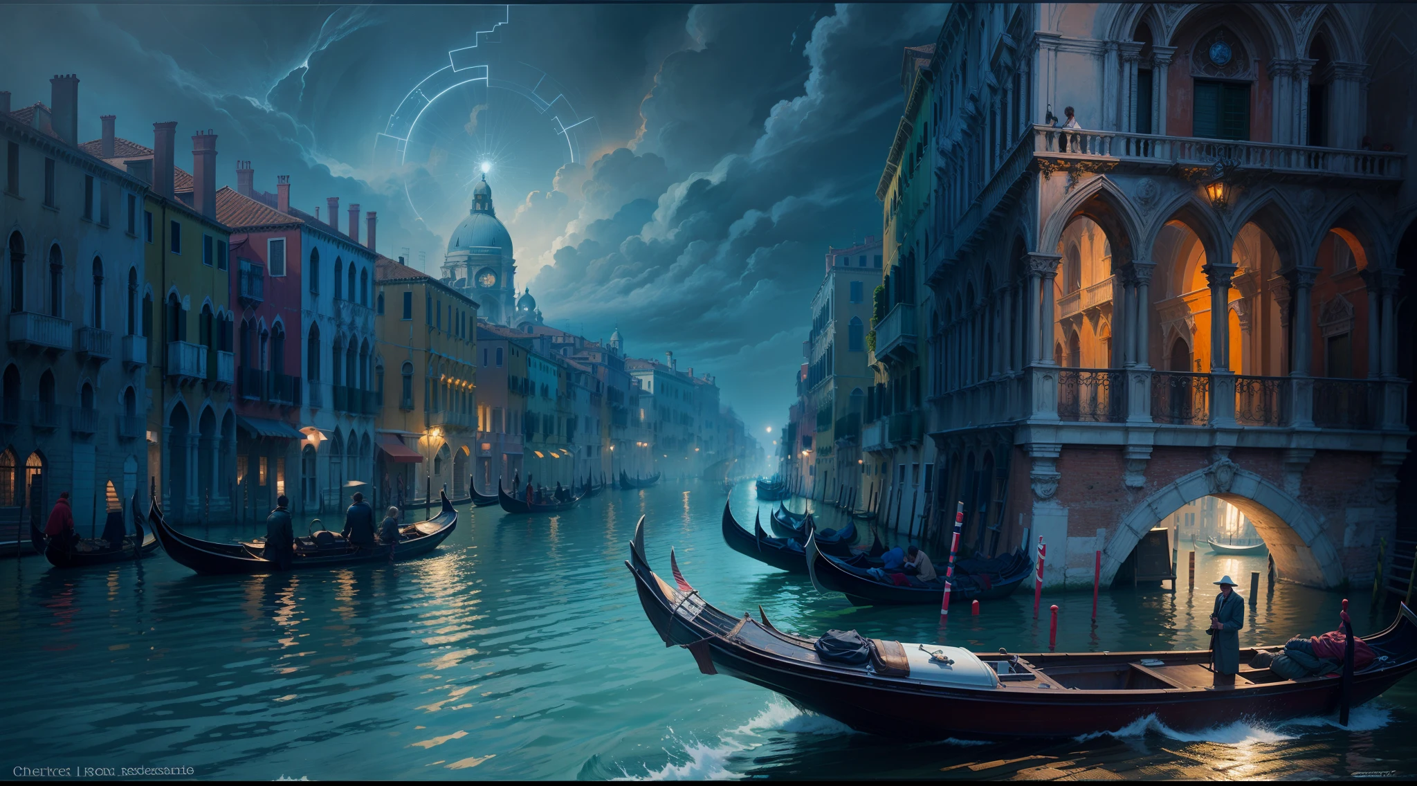 Chronos Portal, Venice, foggy, painting, speed, futurism, expressionism, canal, boat, canal grande, dark blue, visionary dream